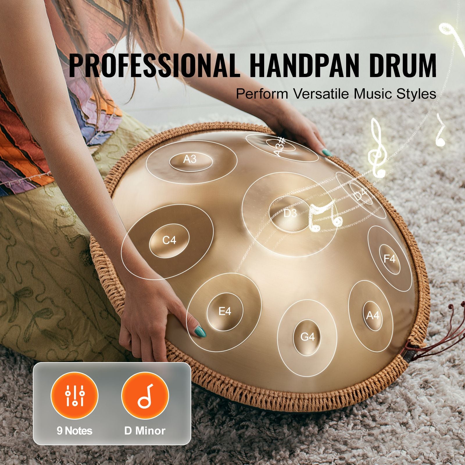 Handpan Drum 22 in 9 Notes D Minor Steel Hand Drum with Mallets for Adult