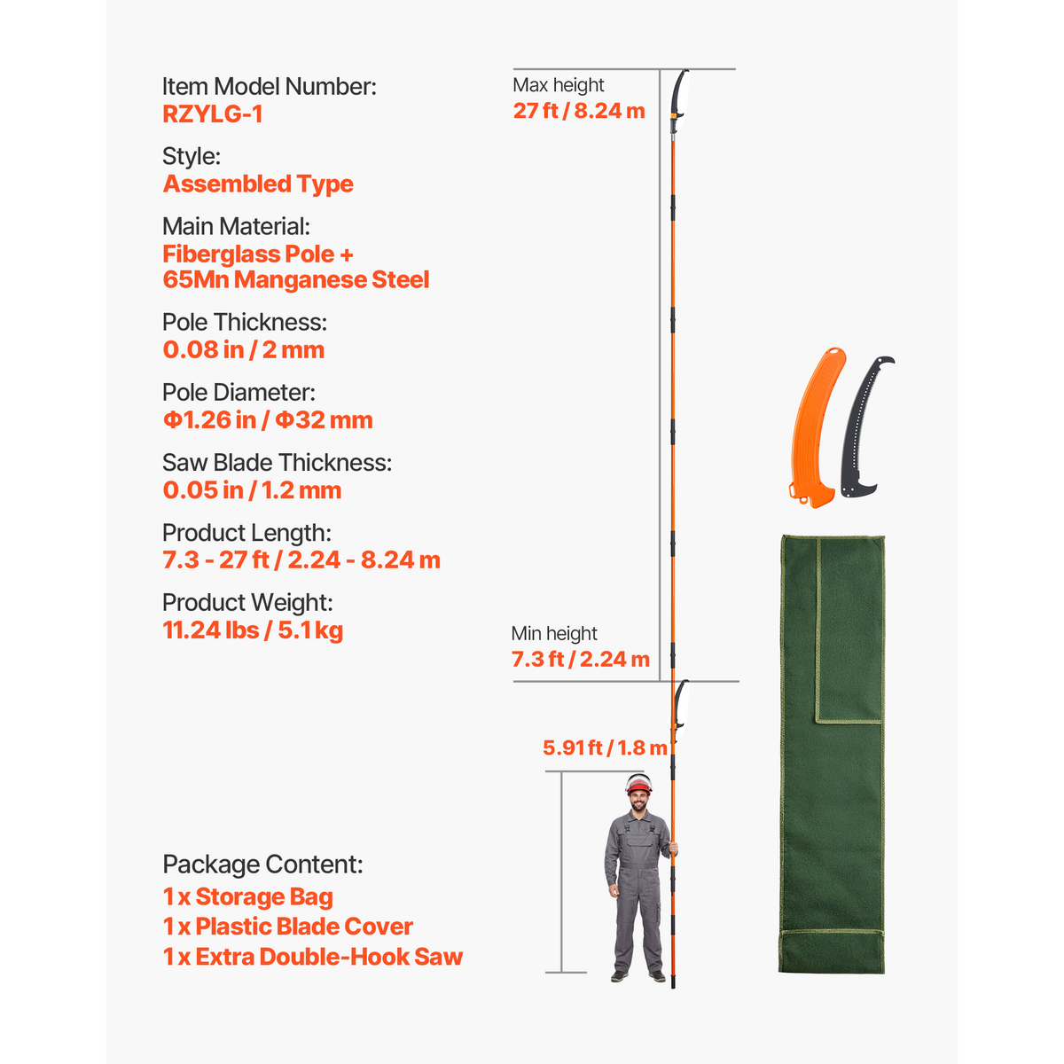 Manual Pole Saw, 2.24 m-8.24 m Extendable Tree Pruner, Sharp Steel Blade High Branches Trimming, Manual Branch Trimmer with Lightweight 8 Fiberglass Handles, for Pruning Palms and Shrubs