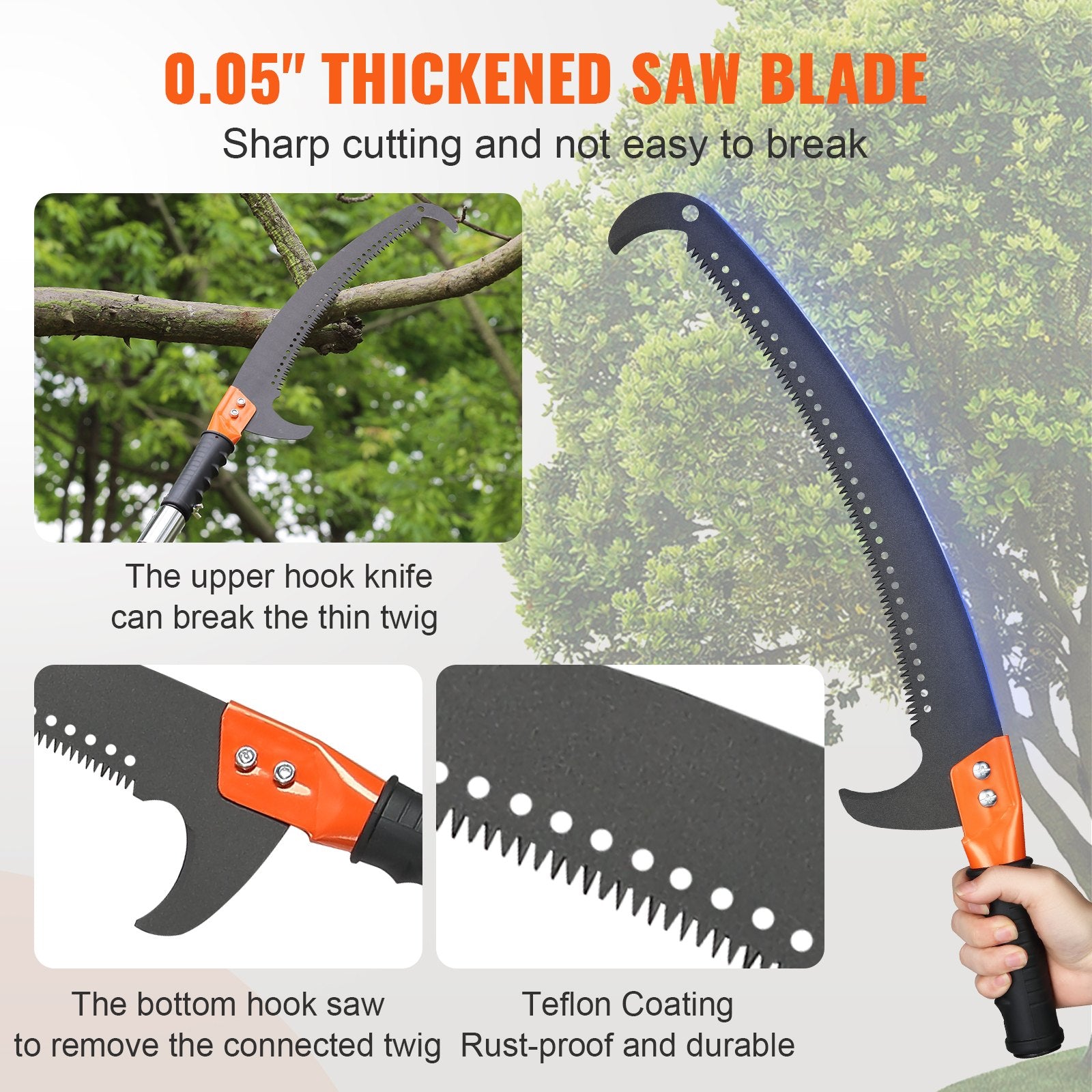 Manual Pole Saw, 2.24 m-8.24 m Extendable Tree Pruner, Sharp Steel Blade High Branches Trimming, Manual Branch Trimmer with Lightweight 8 Fiberglass Handles, for Pruning Palms and Shrubs