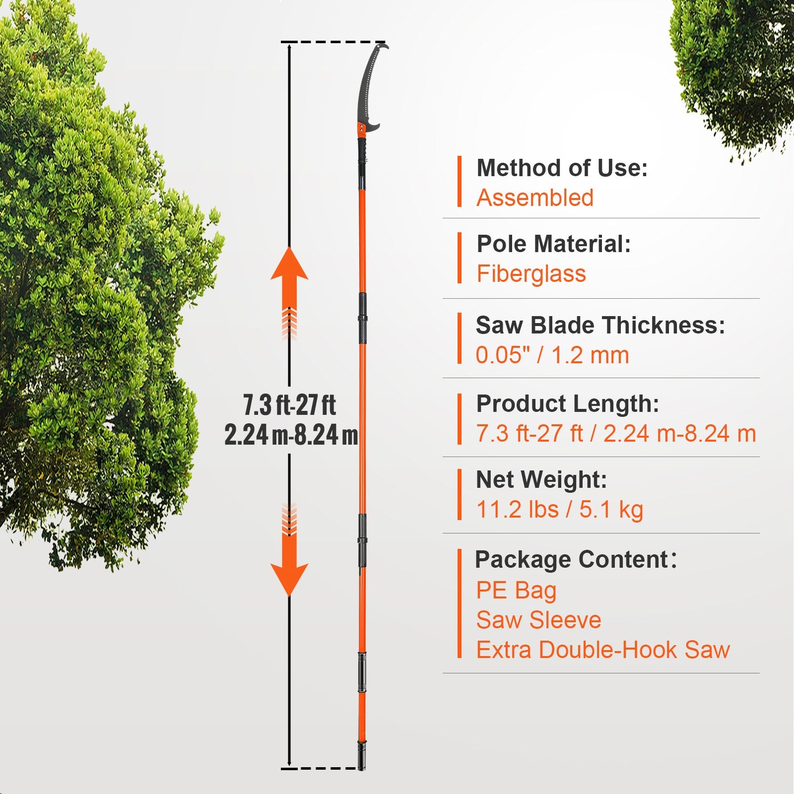 Manual Pole Saw, 2.24 m-8.24 m Extendable Tree Pruner, Sharp Steel Blade High Branches Trimming, Manual Branch Trimmer with Lightweight 8 Fiberglass Handles, for Pruning Palms and Shrubs
