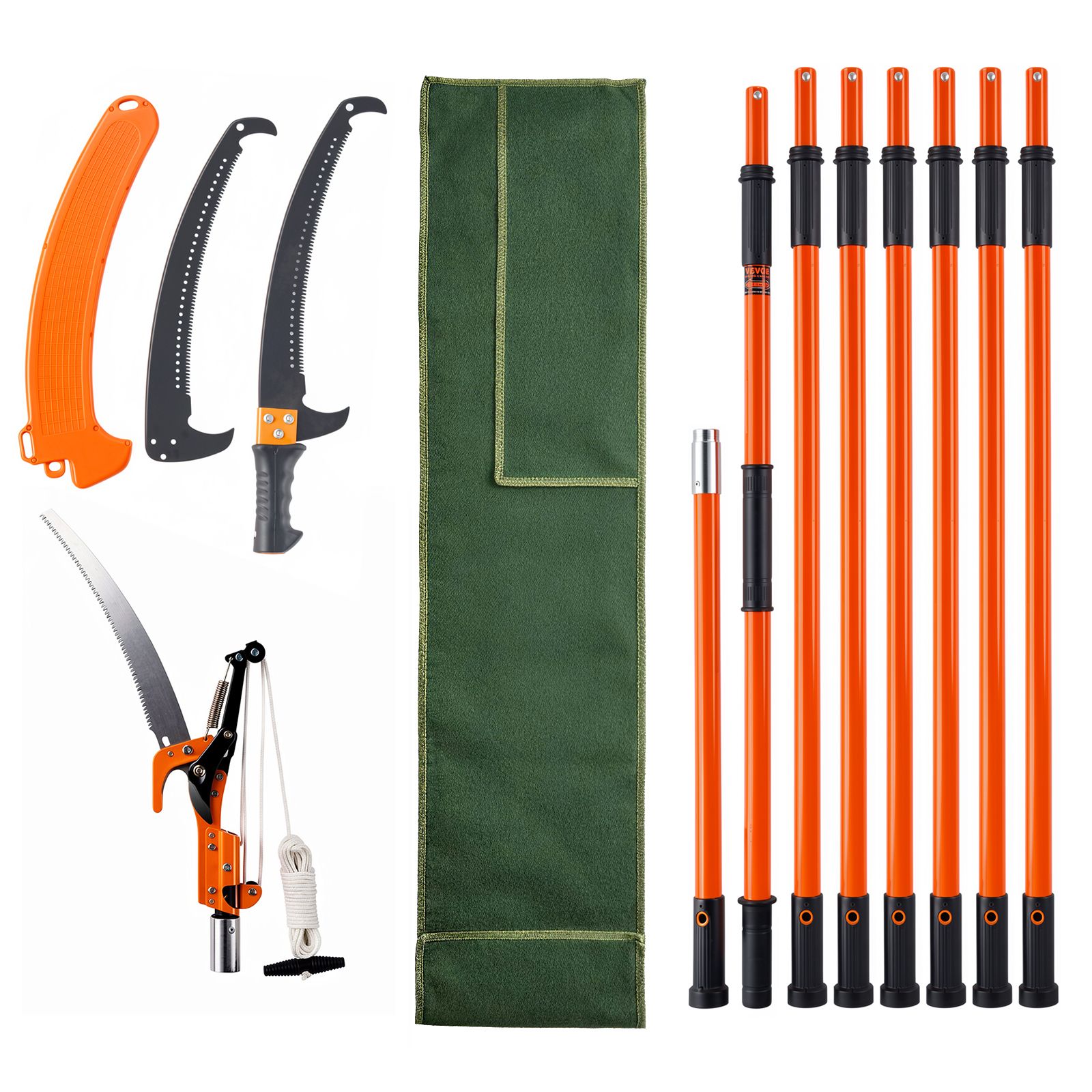 Manual Pole Saw, 2.24 m-8.24 m Extendable Tree Pruner, Sharp Steel Blade and Scissors High Branches Trimming, Branch Trimmer with Lightweight 8 Fiberglass Handles, for Pruning Palms and Shrubs