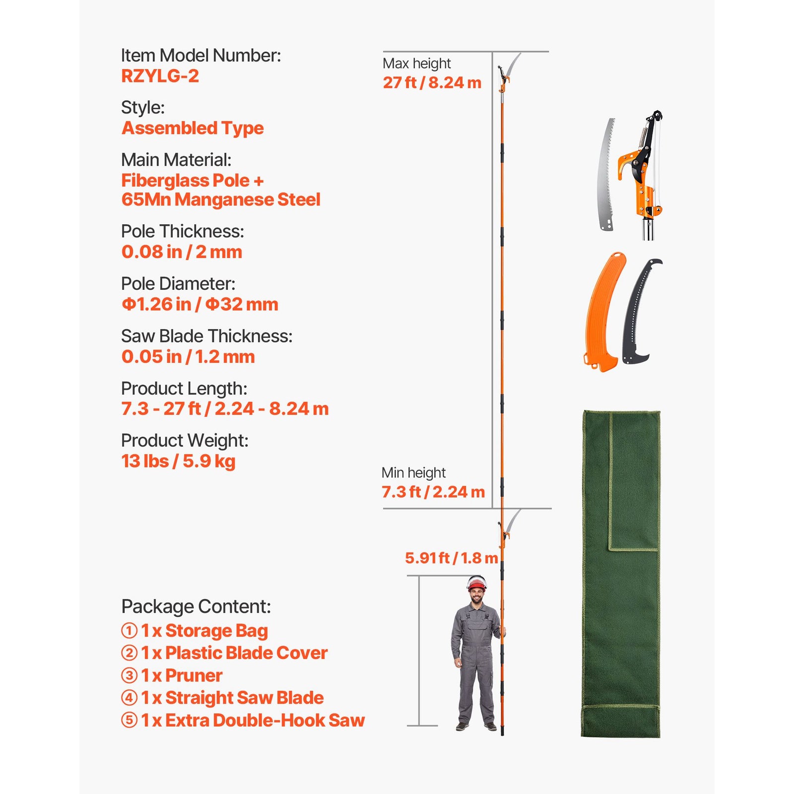 Manual Pole Saw, 2.24 m-8.24 m Extendable Tree Pruner, Sharp Steel Blade and Scissors High Branches Trimming, Branch Trimmer with Lightweight 8 Fiberglass Handles, for Pruning Palms and Shrubs