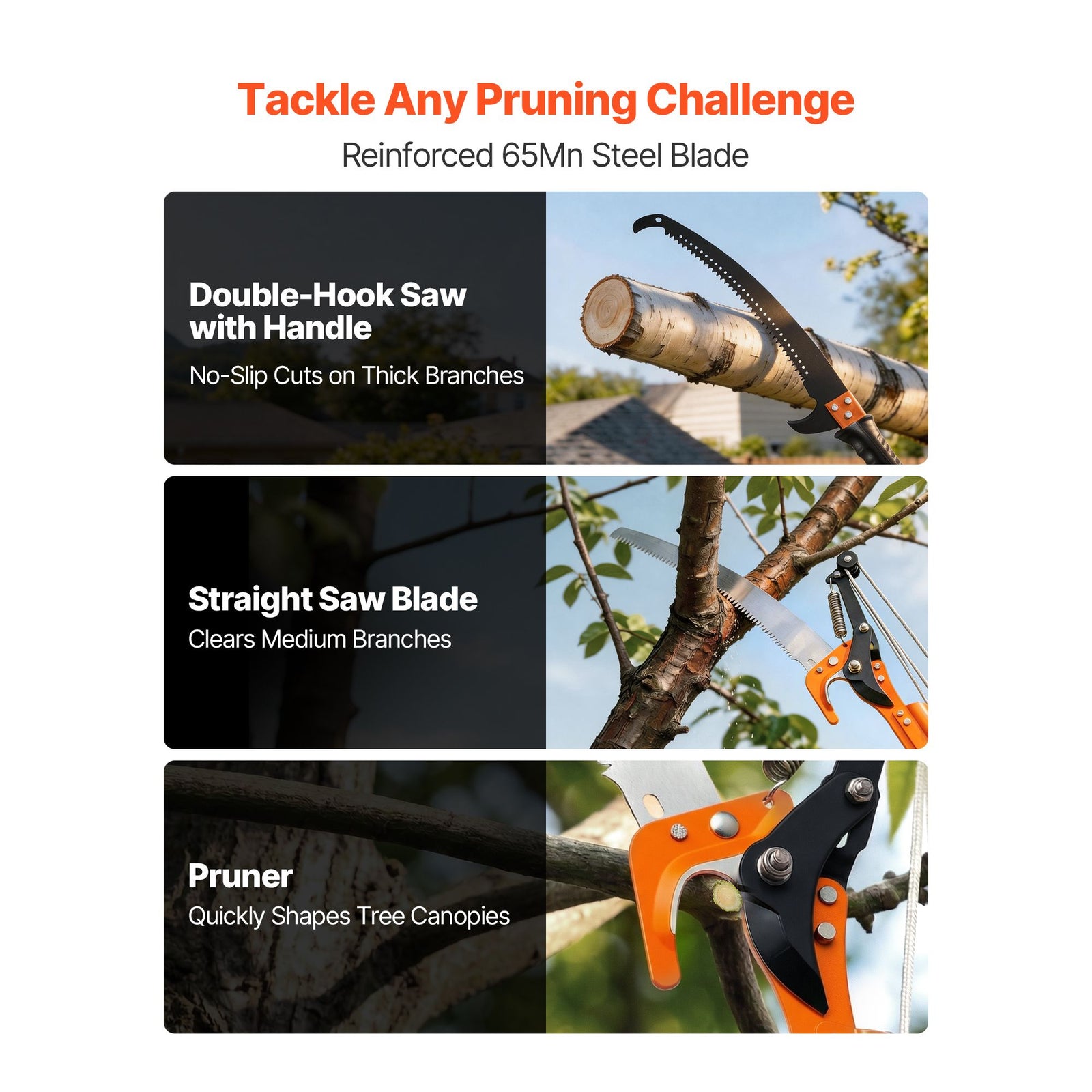 Manual Pole Saw, 2.24 m-8.24 m Extendable Tree Pruner, Sharp Steel Blade and Scissors High Branches Trimming, Branch Trimmer with Lightweight 8 Fiberglass Handles, for Pruning Palms and Shrubs