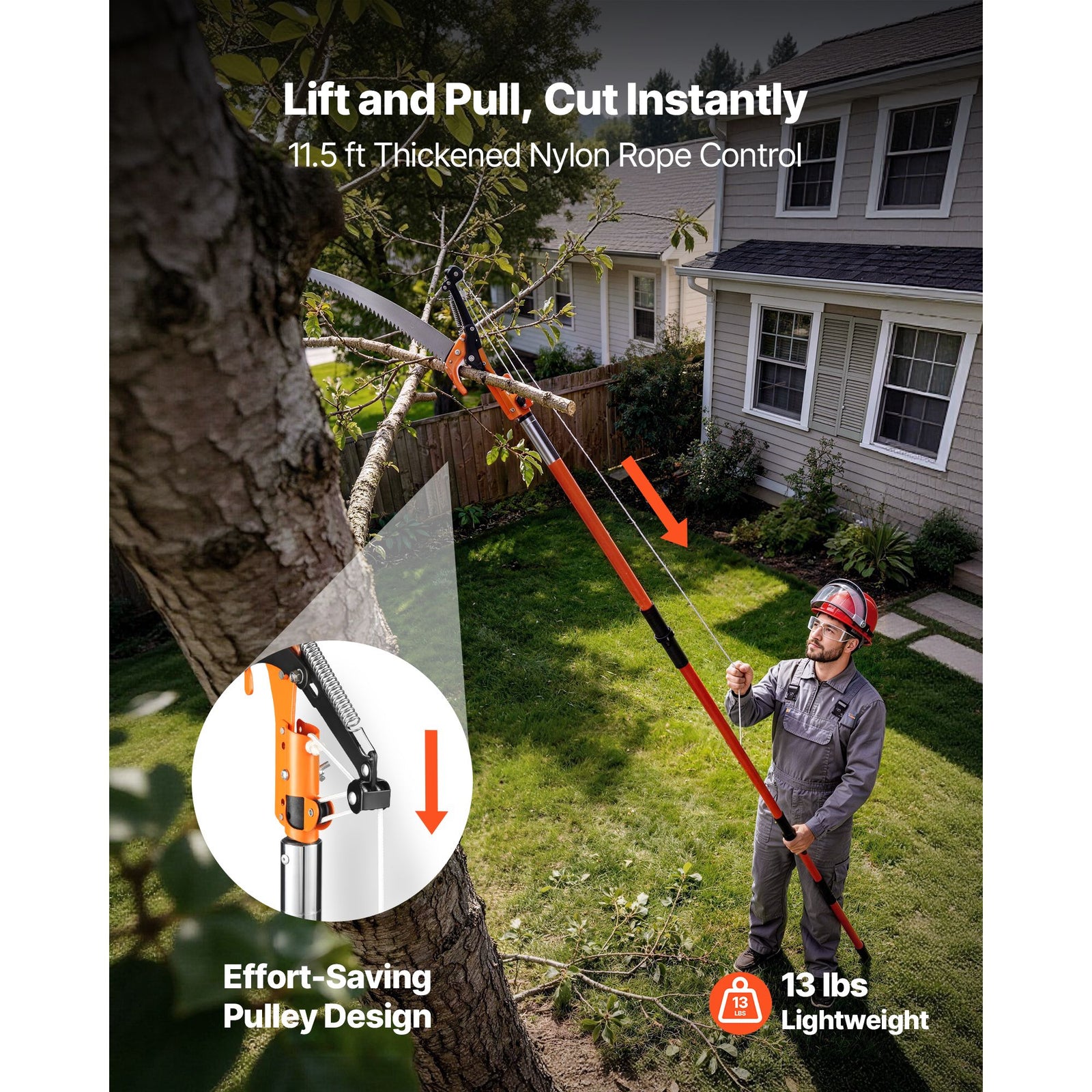 Manual Pole Saw, 2.24 m-8.24 m Extendable Tree Pruner, Sharp Steel Blade and Scissors High Branches Trimming, Branch Trimmer with Lightweight 8 Fiberglass Handles, for Pruning Palms and Shrubs