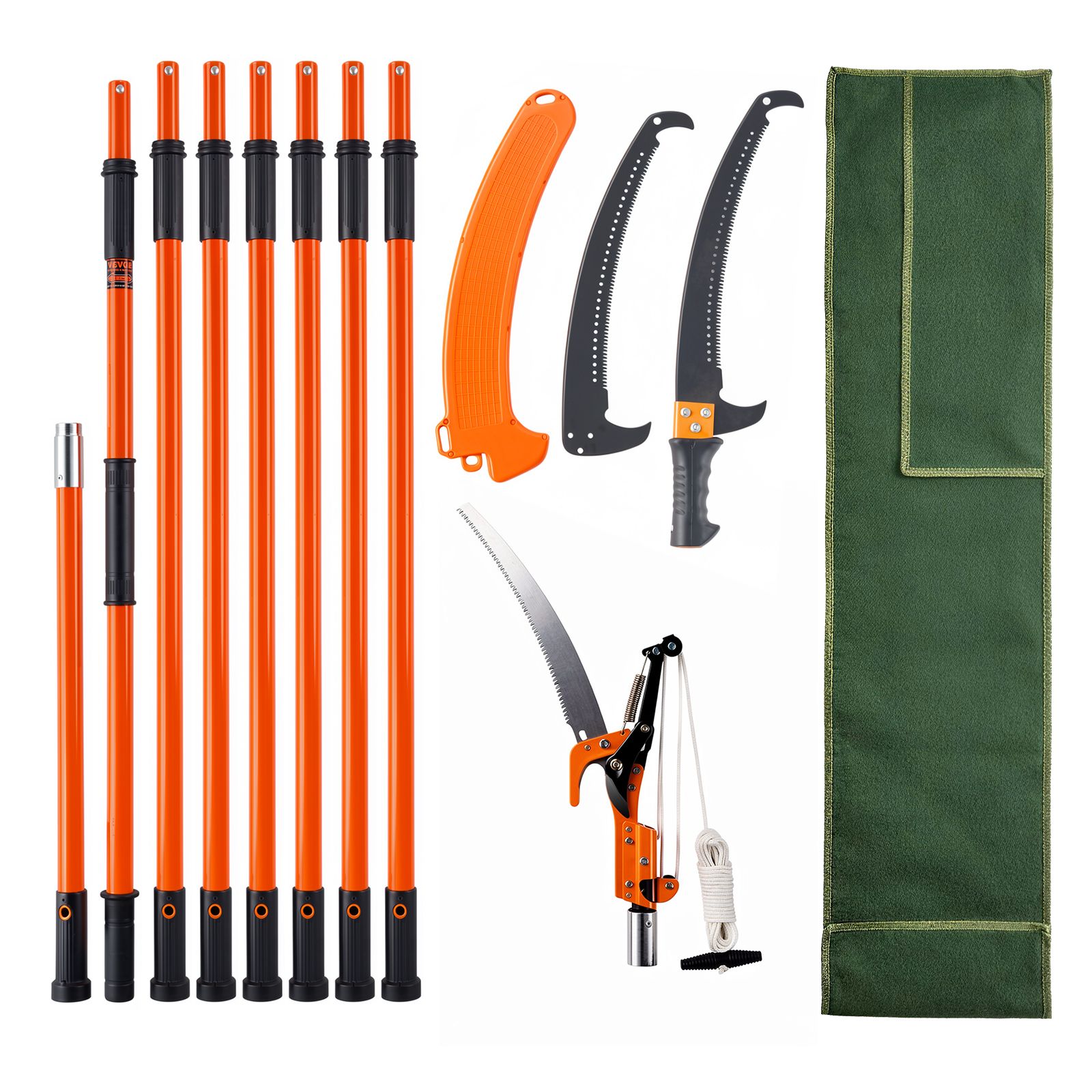 Manual Pole Saw, 2.24 m-8.24 m Extendable Tree Pruner, Sharp Steel Blade and Scissors High Branches Trimming, Branch Trimmer with Lightweight 8 Fiberglass Handles, for Pruning Palms and Shrubs