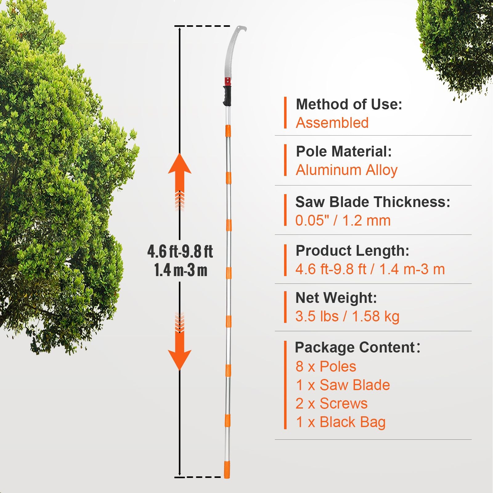 Manual Pole Saw Extendable Tree Pruner 1.4 m-3 m Aluminum Alloy Pole