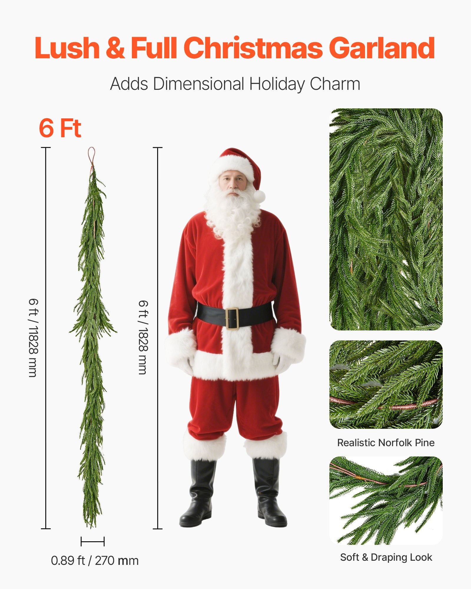 Christmas Garland, 1828 mm Realistic Norfolk Pine Garland, Evergreen Real Touch Artificial Faux Greenery Garlands, for Holiday Indoor Outdoor Xmas Decoration on Table, Mantel, and Fireplace
