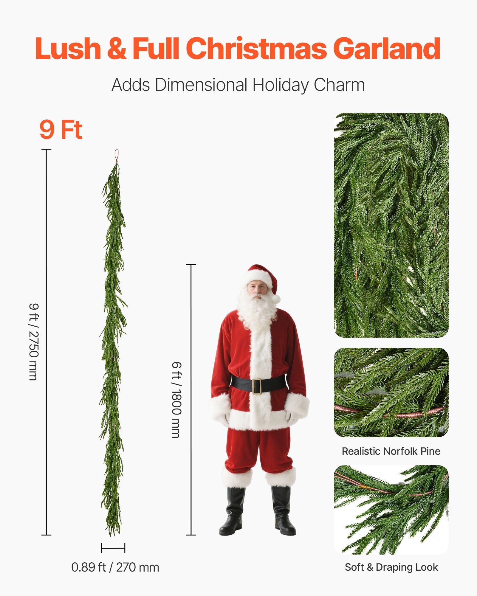 Christmas Garland, 2750 mm Realistic Norfolk Pine Garland, Evergreen Real Touch Artificial Faux Greenery Garlands, for Holiday Indoor Outdoor Xmas Decoration on Table, Mantel, and Fireplace