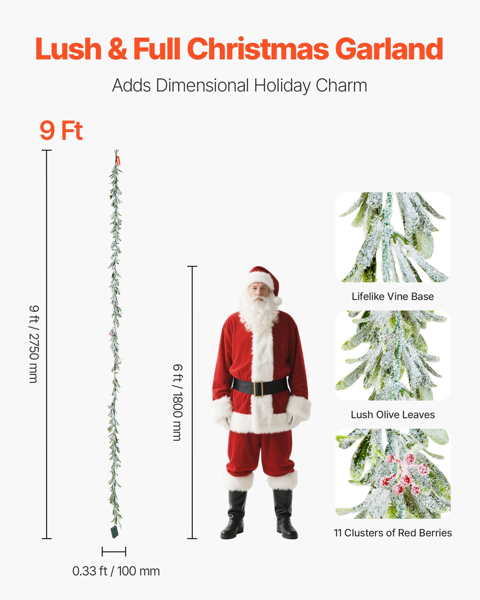 Christmas Garland, 2750 mm Realistic Greenery Decorated with Vines, Olive Leaves, and Berries, Evergreen Faux Garlands with Light String for Indoor Outdoor Xmas Decoration on Mantel Fireplace