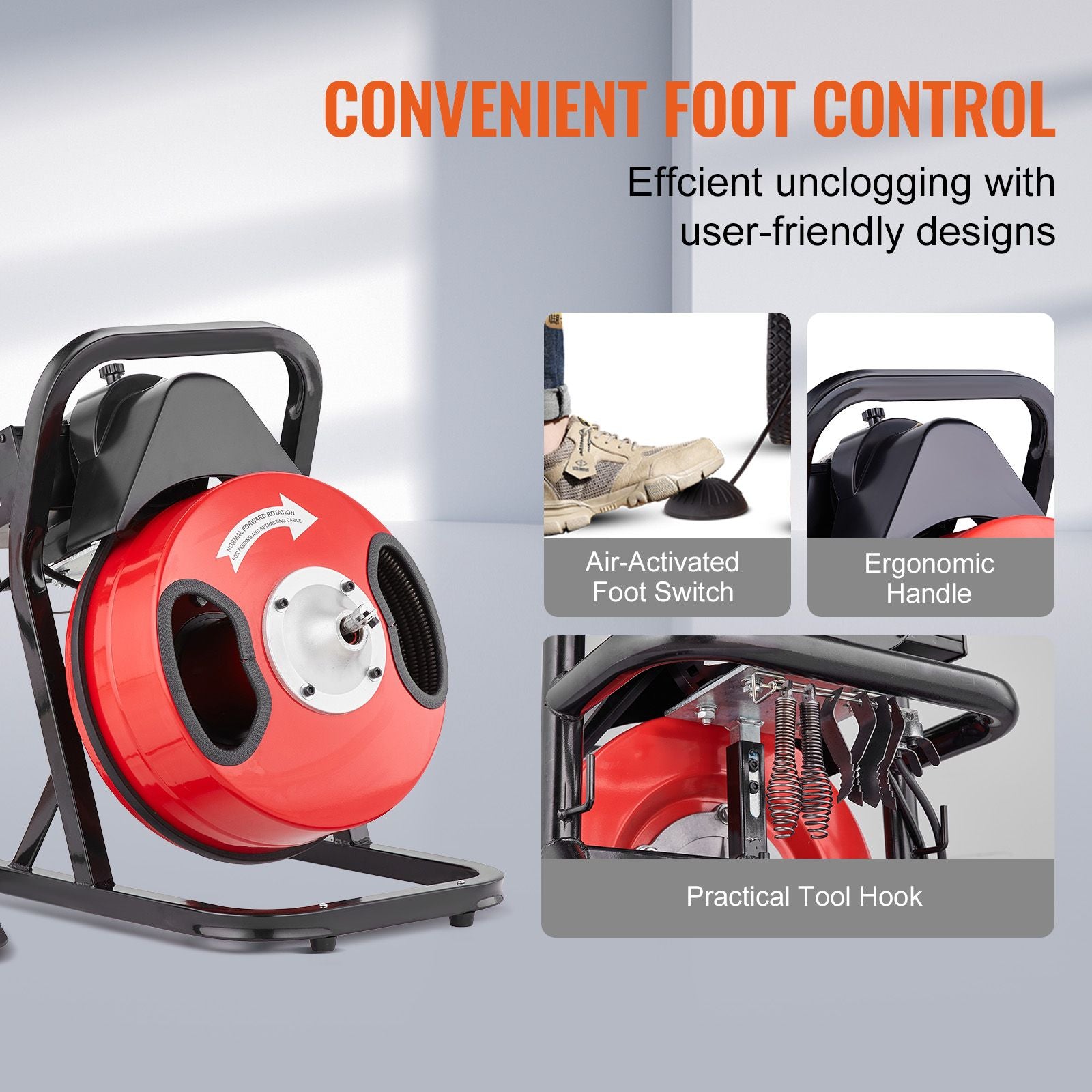 Drain Cleaner Machine 50FT x 1/2Inch Manual Feed Snake Auger with 4 Cutter