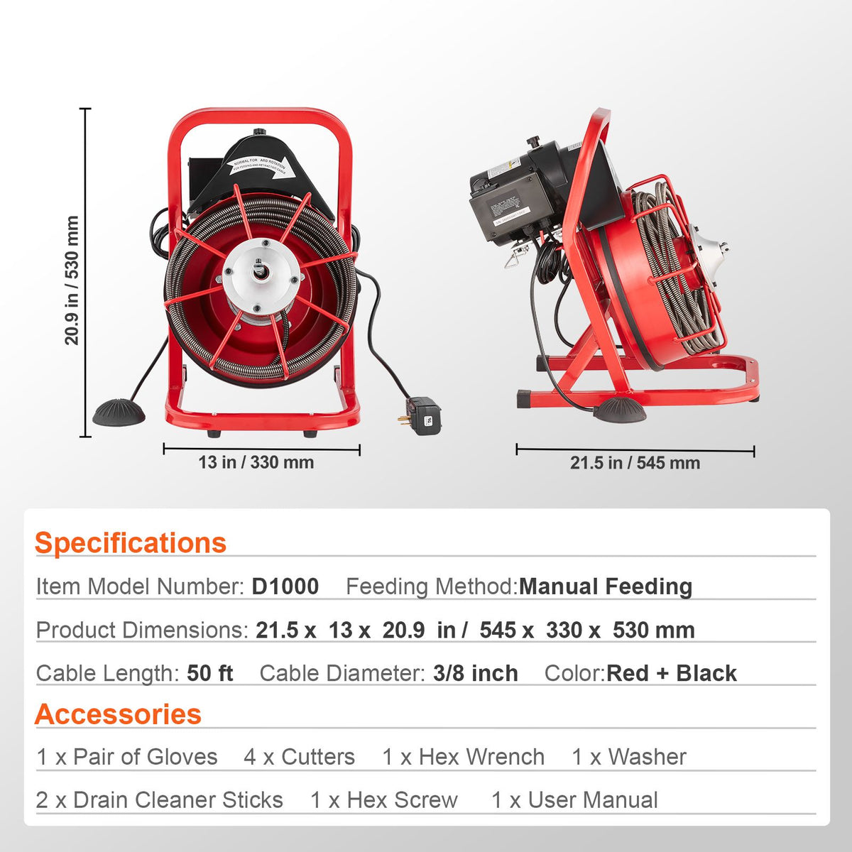 Drain Cleaner Machine Drain Auger 50FT x 3/8 Inch Manual Feed & 4 Cutters