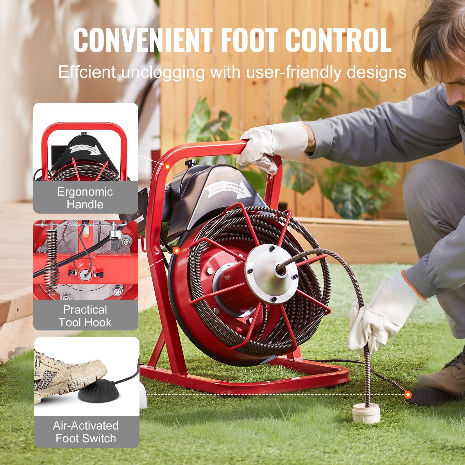 Drain Cleaner Machine Drain Auger 50FT x 3/8 Inch Manual Feed & 4 Cutters