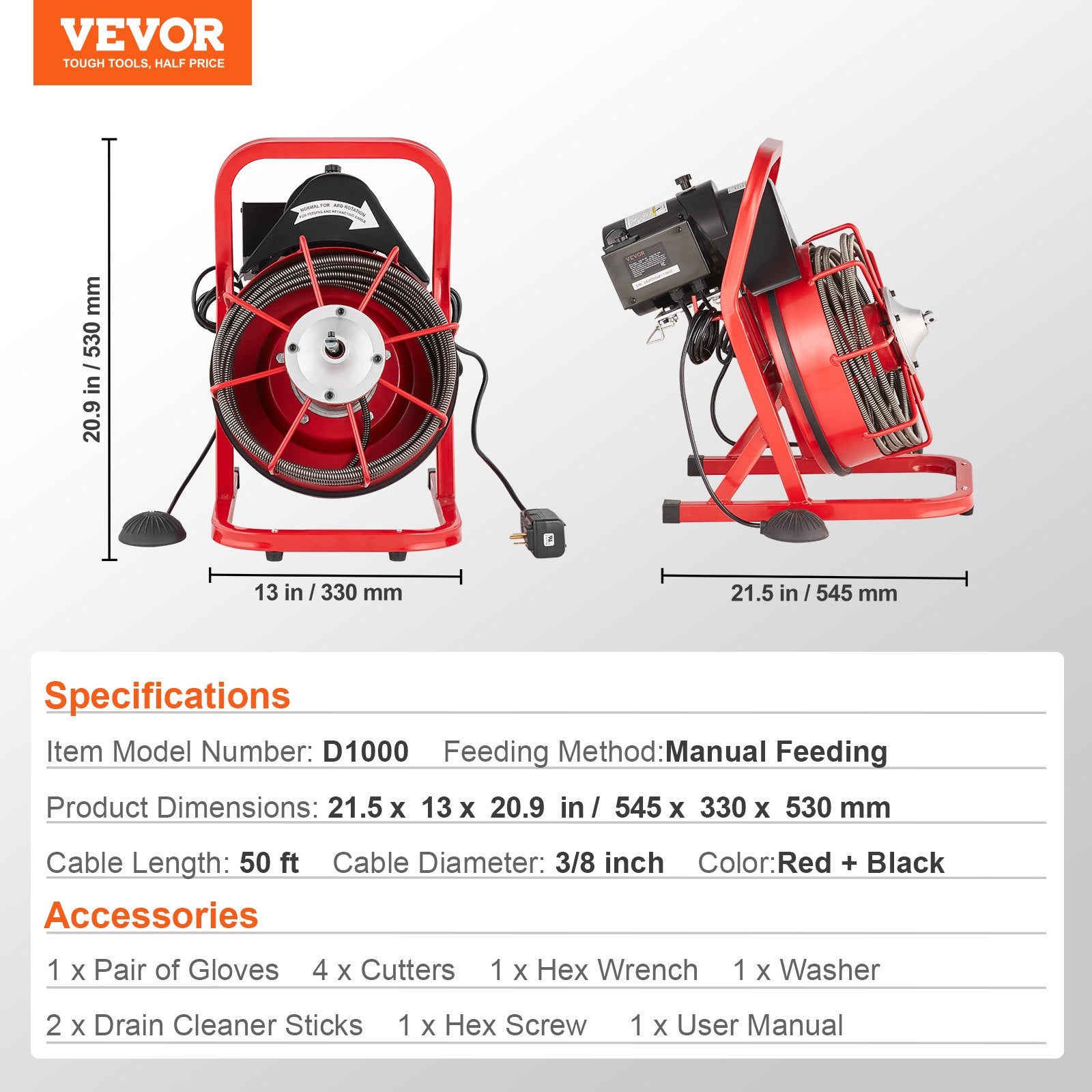 Drain Cleaner Machine Drain Auger 50FT x 3/8 Inch Manual Feed & 4 Cutters