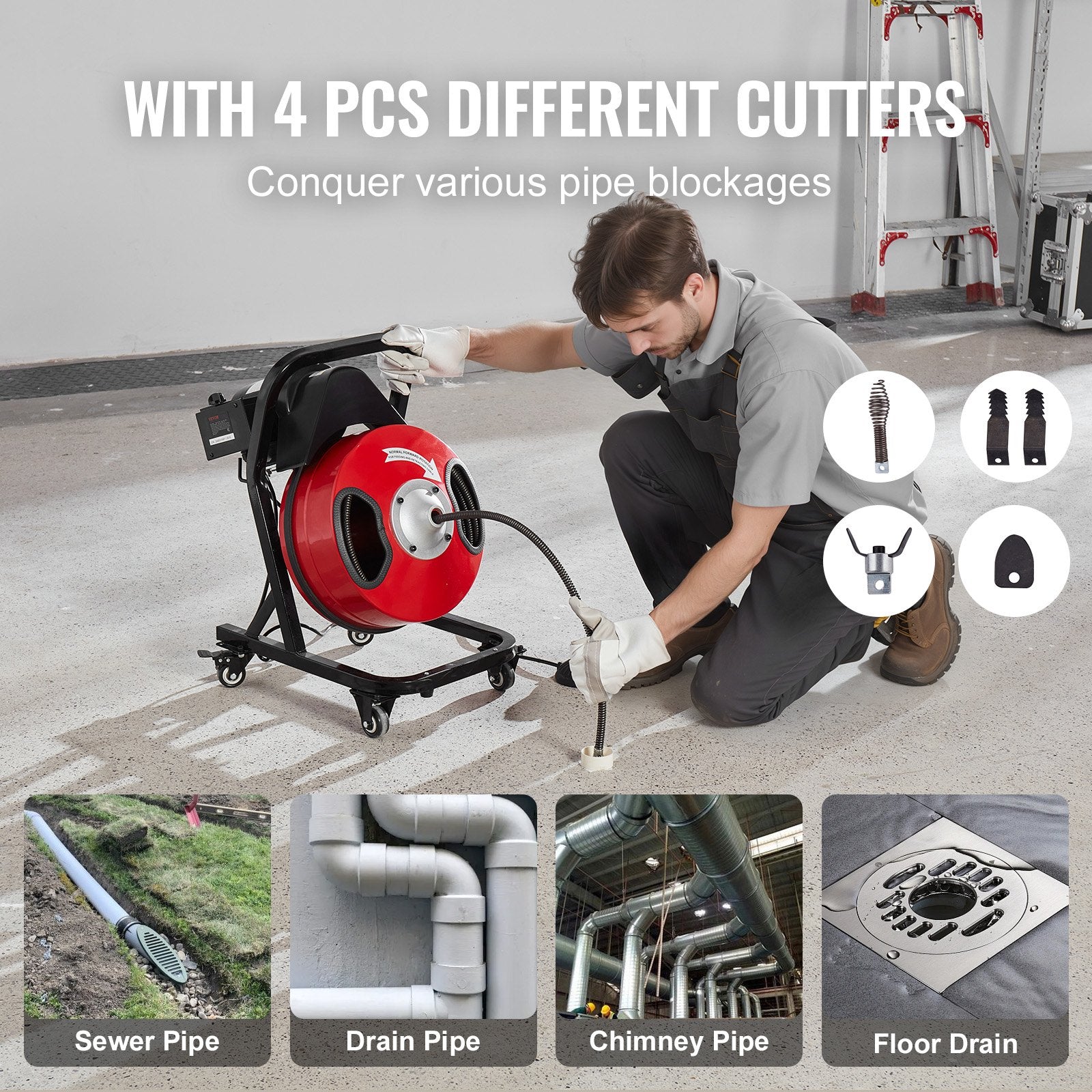 Drain Cleaner Machine 50FT x 1/2 Inch Manual Feed Snake Auger with Wheels