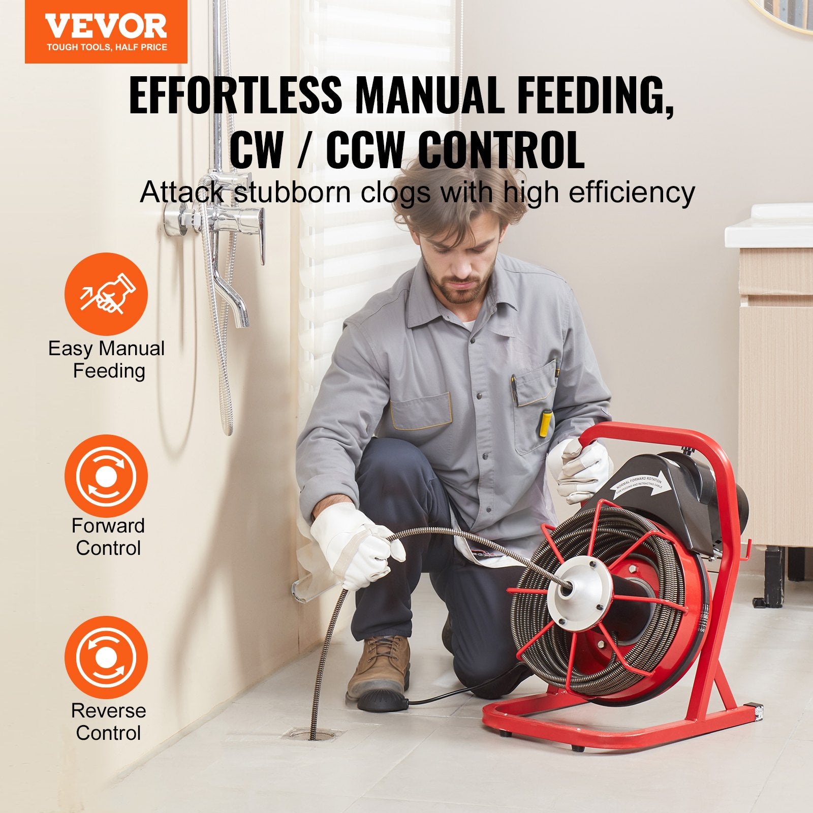 Drain Cleaner Machine Drain Auger 75FT x 3/8 Inch Manual Feed & 4 Cutters