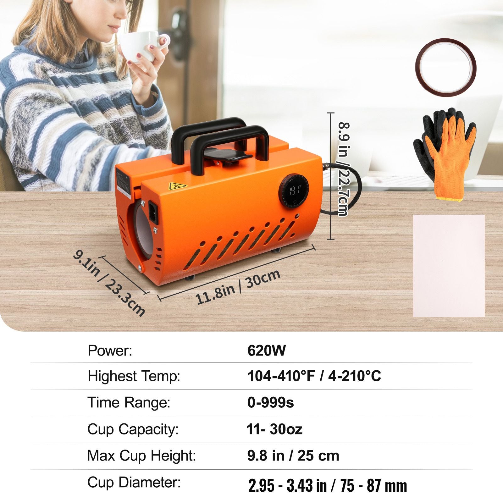 Mug Heat Press, 30oz Tumbler Heat Press Machine, Sublimation Transfer 11-15oz 16-25oz 30oz Straight Skinny Tumblers, Cup Heat Press with Heat-resist Gloves & Tape, DIY Ceramic Mugs Cups Glasses