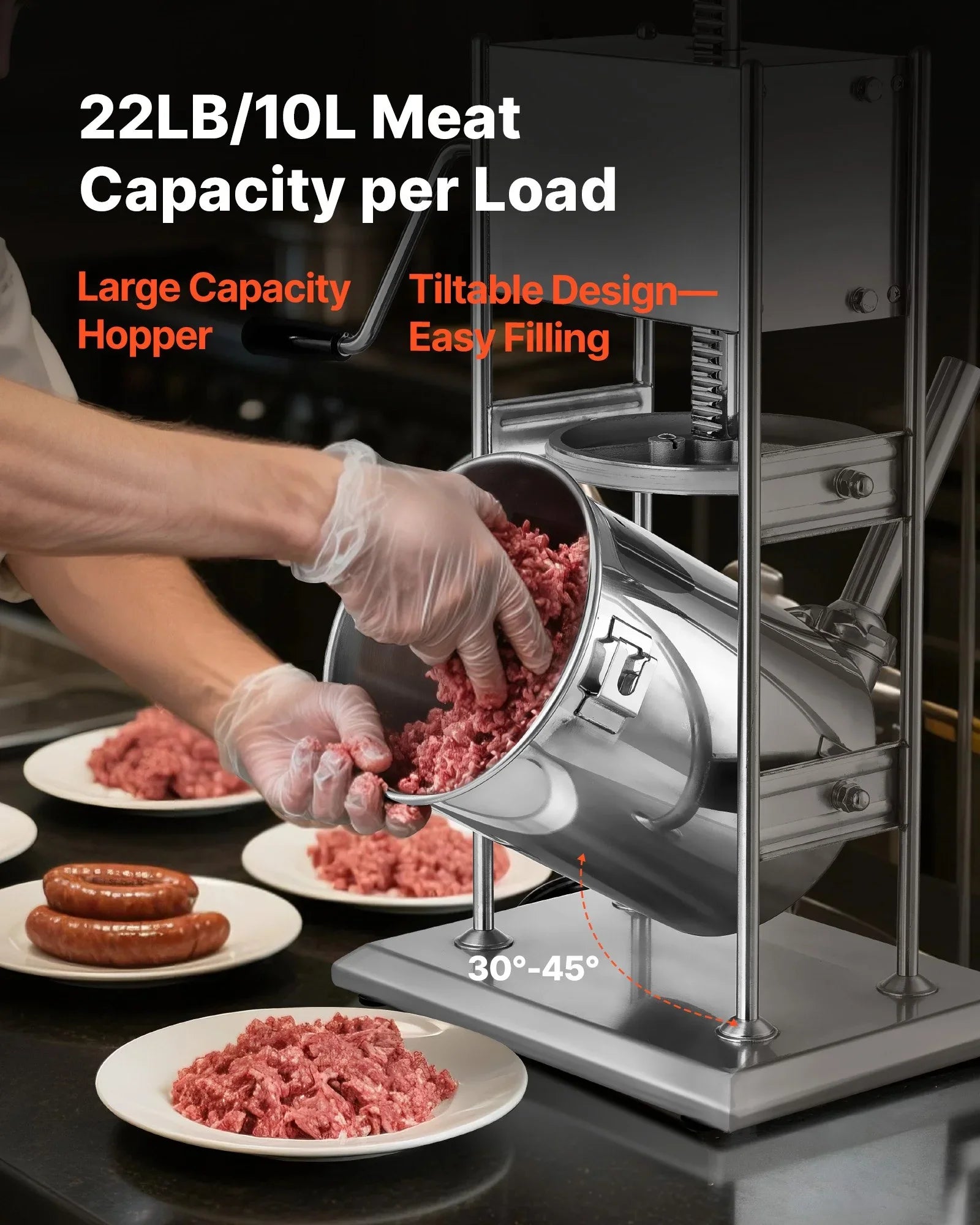 Manual Sausage Stuffer, 22 LBS / 10 L Vertical Meat Stuffer, Dual-Speed Sausage Casing Meat Filling Machine, Stainless Steel Heavy Duty Filler with 5 Stuffing Tubes, for Commercial & Home Use