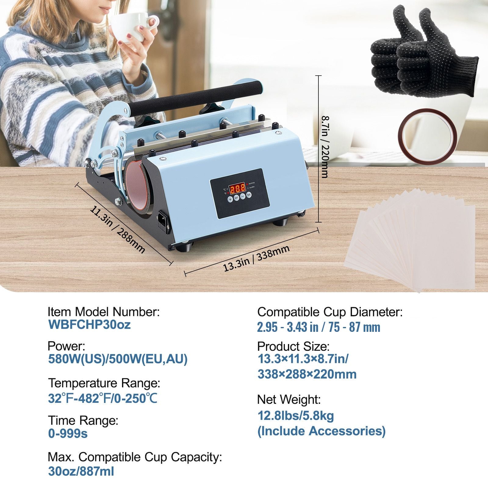 Tumbler Heat Press Machine 11-30oz Mug Press Sublimation Tumblers Blue