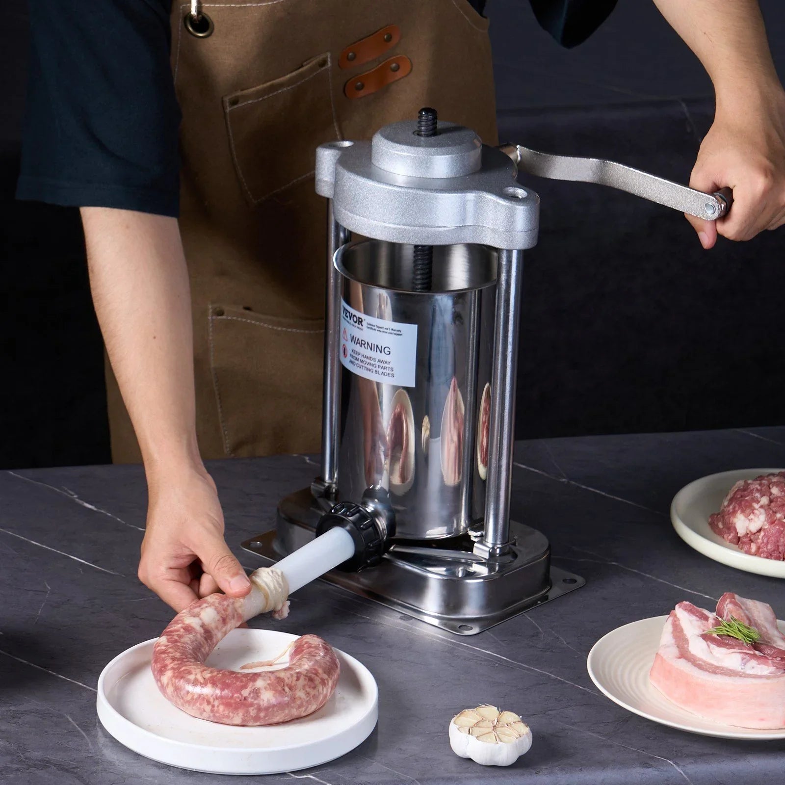 Manual Sausage Stuffer, 2 L / 5 LBS Vertical Sausage Machine with G-type Clamp, Food-Grade 304 Stainless Steel Barrel with 2 Stuffing Tubes, for Home Kitchen Restaurant Commercial