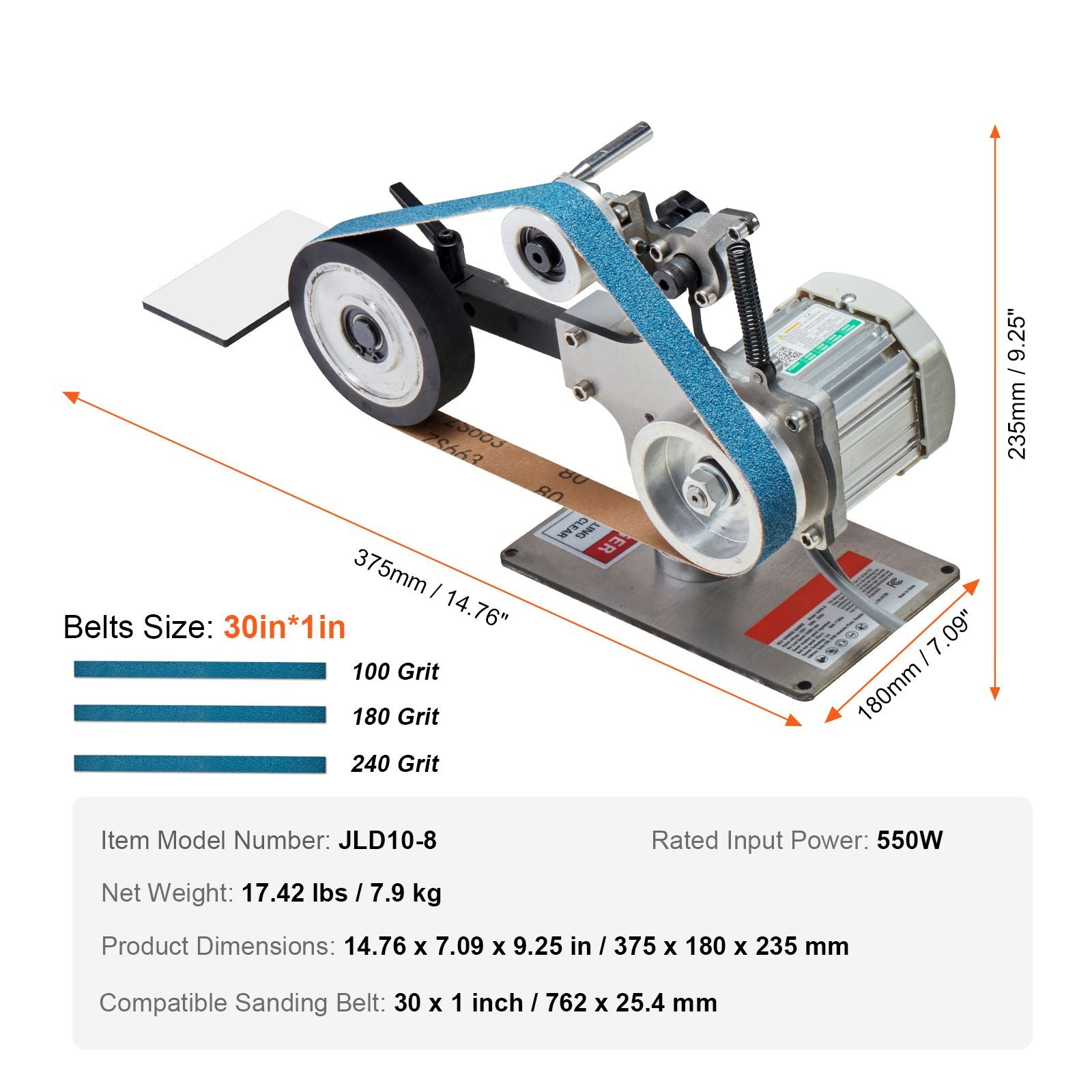 Belt Grinder Sander, 30 x 1-Inch Variable Speed Belt Polisher with VFD, 550W Polishing Grinding Machine with 2 Grinding Moulds & 3PCS Sanding Belts for Metalworking, Knife Making