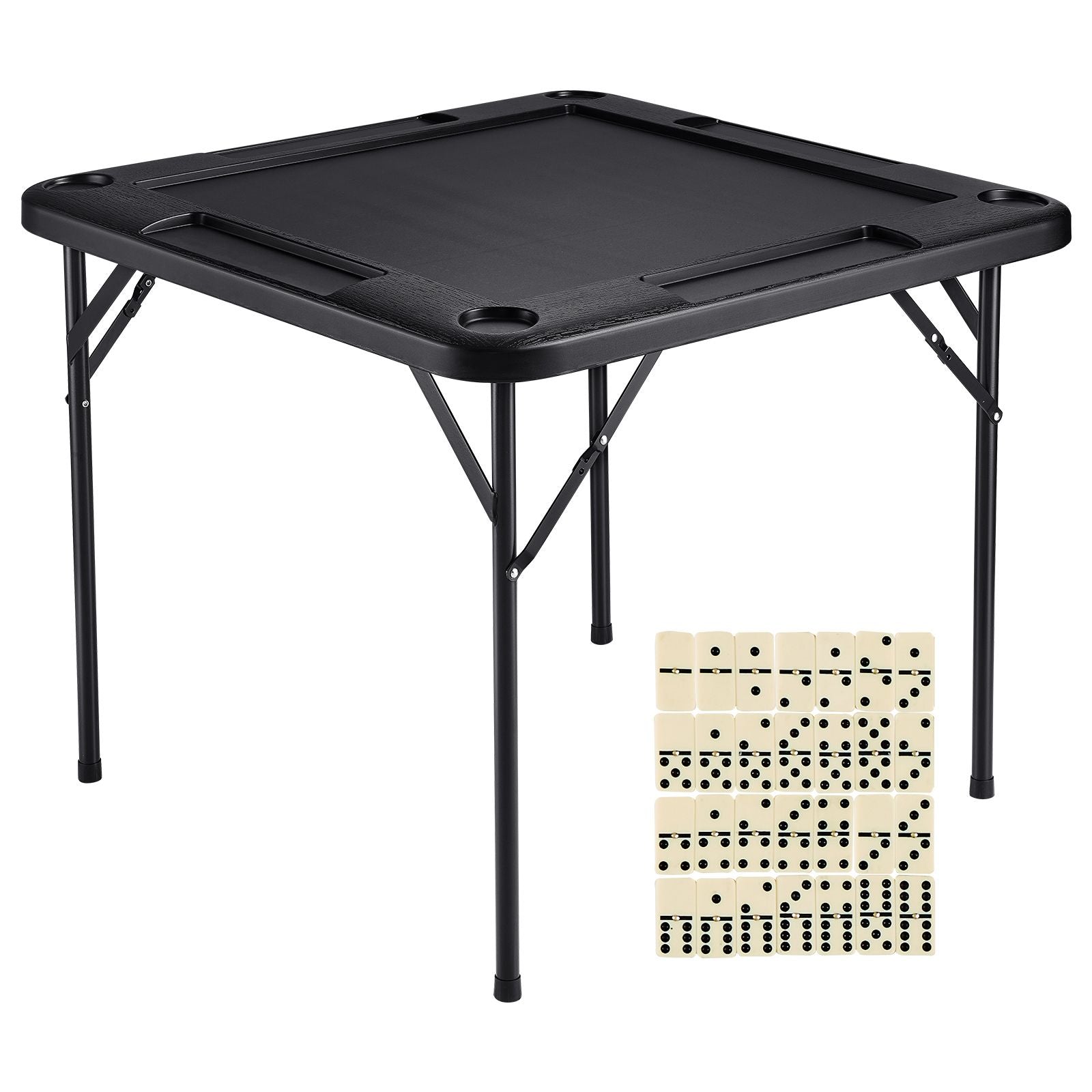 Mahjong Table, Square 4 Player Folding Card Table with 4 Cup Holders & 4 Chip Trays, Portable Domino Game Table with 1 Set of Dominoes for Mahjong Poke Puzzles, 90 x 90-inch, Black