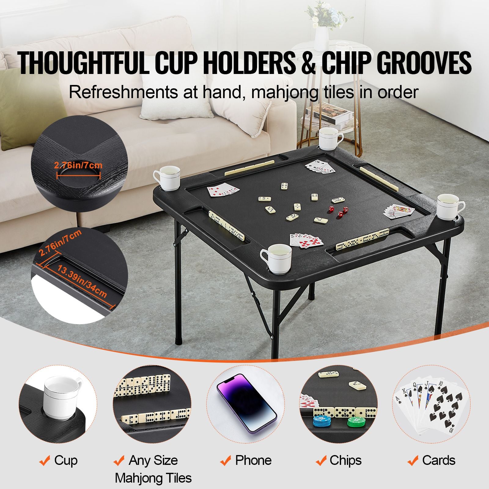Mahjong Table, Square 4 Player Folding Card Table with 4 Cup Holders & 4 Chip Trays, Portable Domino Game Table with 1 Set of Dominoes for Mahjong Poke Puzzles, 90 x 90-inch, Black