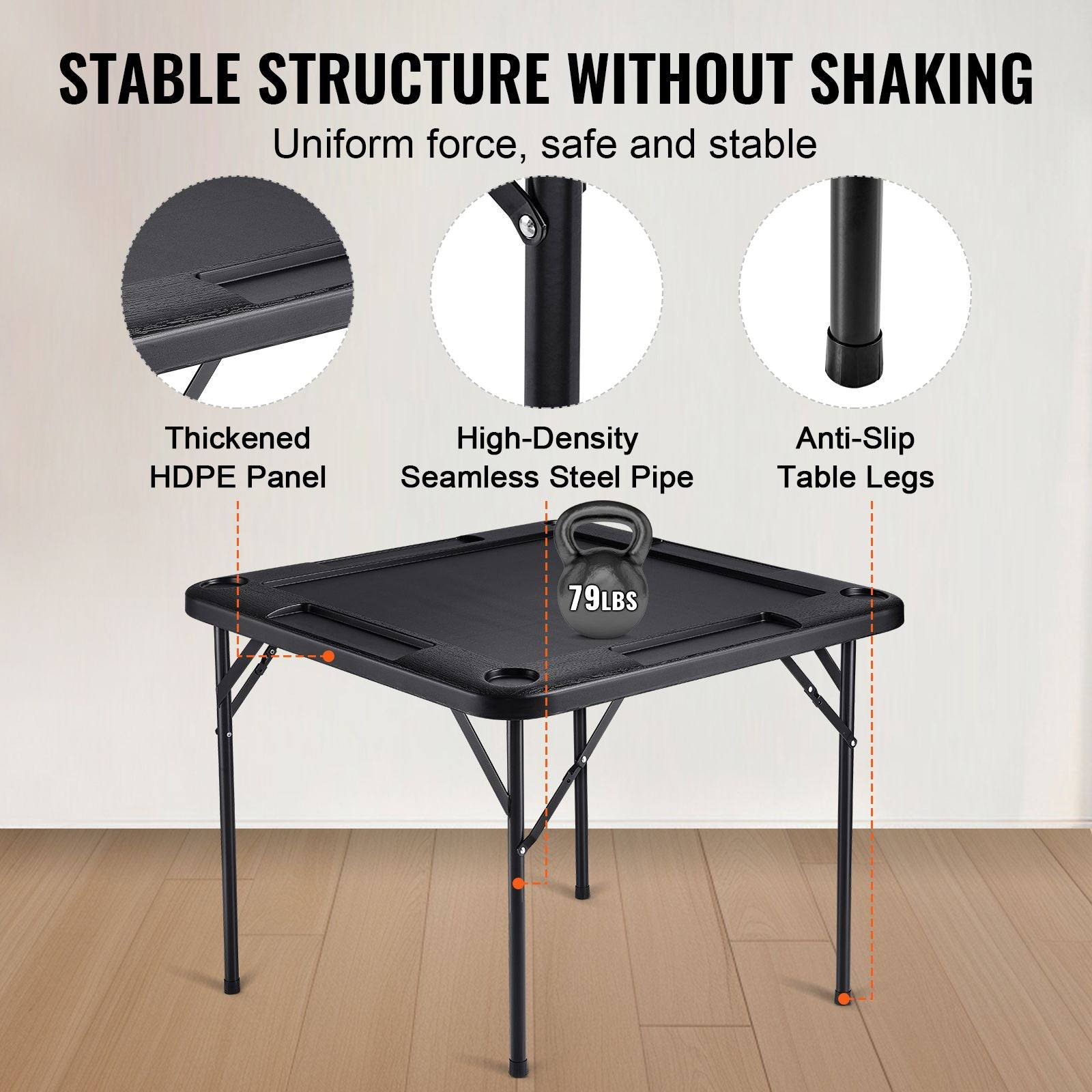 Mahjong Table, Square 4 Player Folding Card Table with 4 Cup Holders & 4 Chip Trays, Portable Domino Game Table with 1 Set of Dominoes for Mahjong Poke Puzzles, 90 x 90-inch, Black
