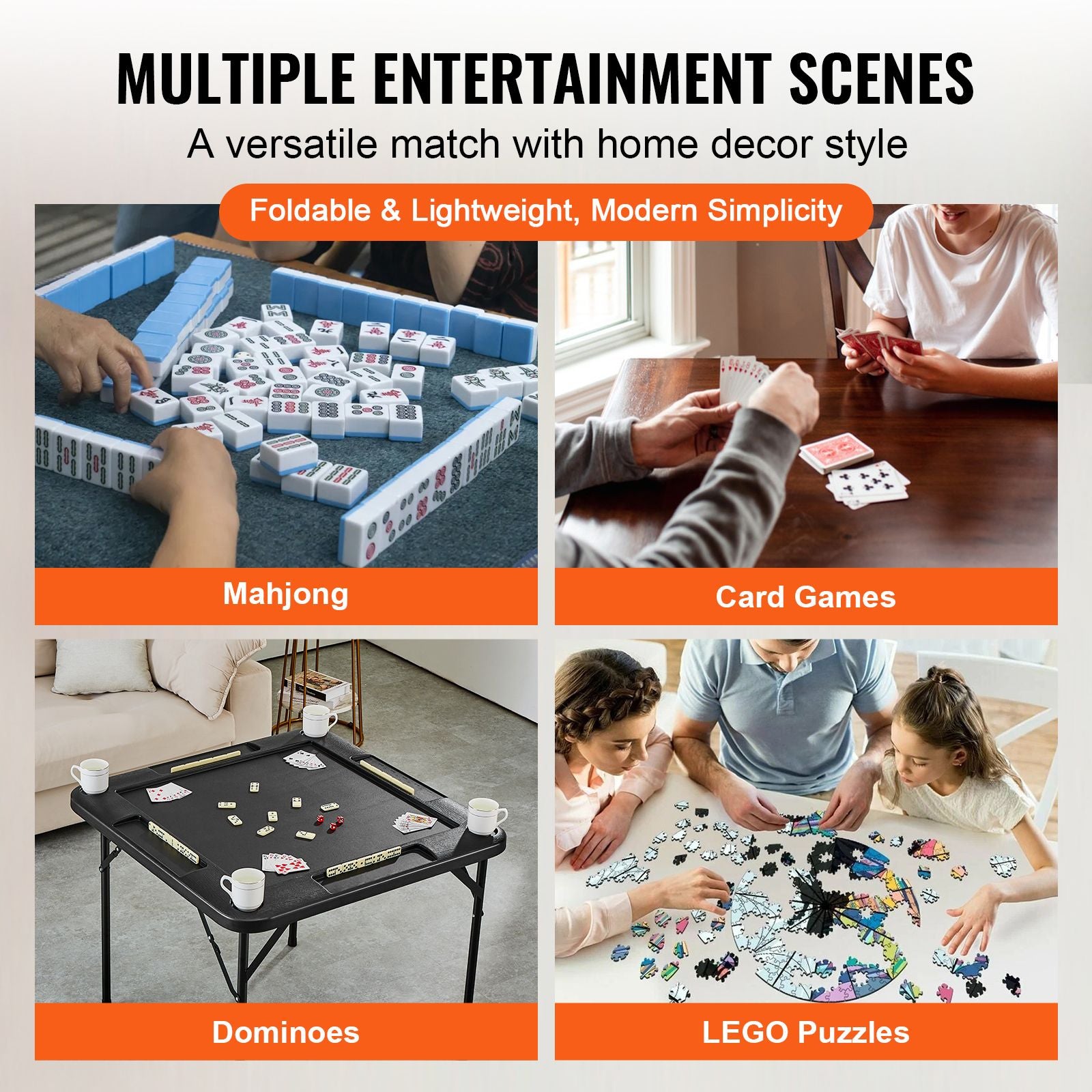 Mahjong Table, Square 4 Player Folding Card Table with 4 Cup Holders & 4 Chip Trays, Portable Domino Game Table with 1 Set of Dominoes for Mahjong Poke Puzzles, 90 x 90-inch, Black