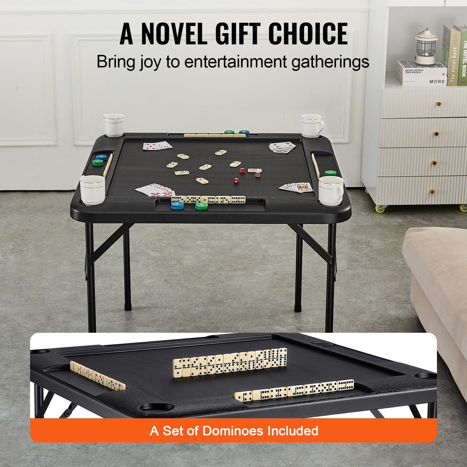 Mahjong Table, Square 4 Player Folding Card Table with 4 Cup Holders & 4 Chip Trays, Portable Domino Game Table with 1 Set of Dominoes for Mahjong Poke Puzzles, 90 x 90-inch, Black