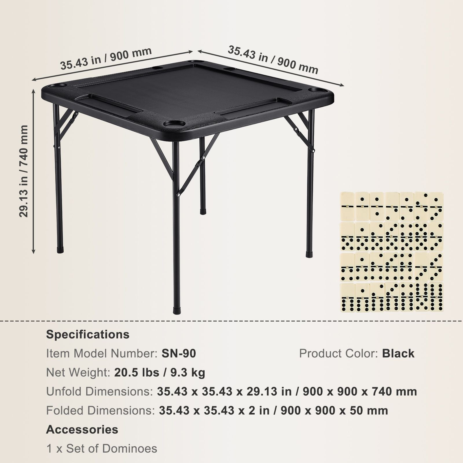 Mahjong Table, Square 4 Player Folding Card Table with 4 Cup Holders & 4 Chip Trays, Portable Domino Game Table with 1 Set of Dominoes for Mahjong Poke Puzzles, 90 x 90-inch, Black