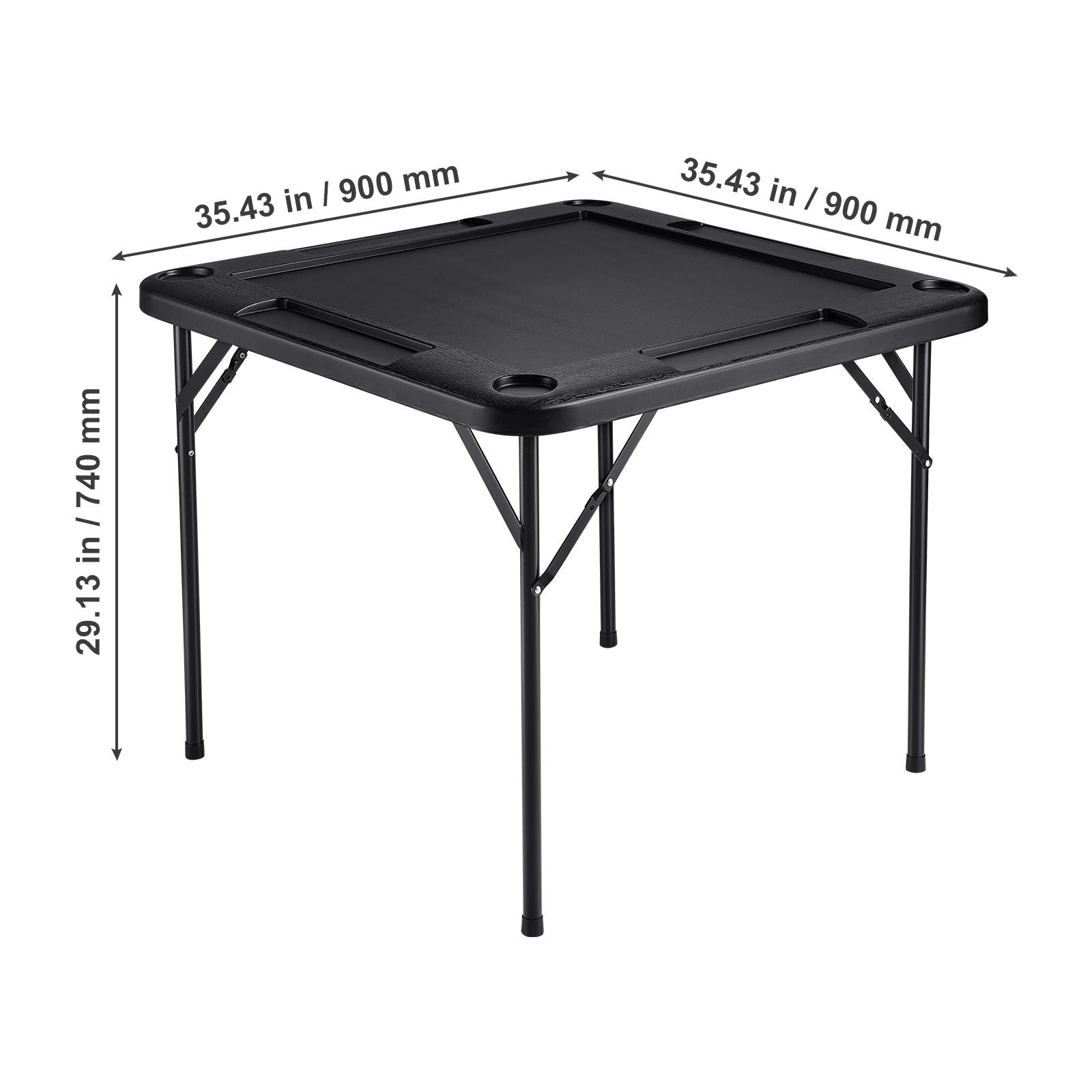 Mahjong Table, Square 4 Player Folding Card Table with 4 Cup Holders & 4 Chip Trays, Portable Domino Game Table with 1 Set of Dominoes for Mahjong Poke Puzzles, 90 x 90-inch, Black