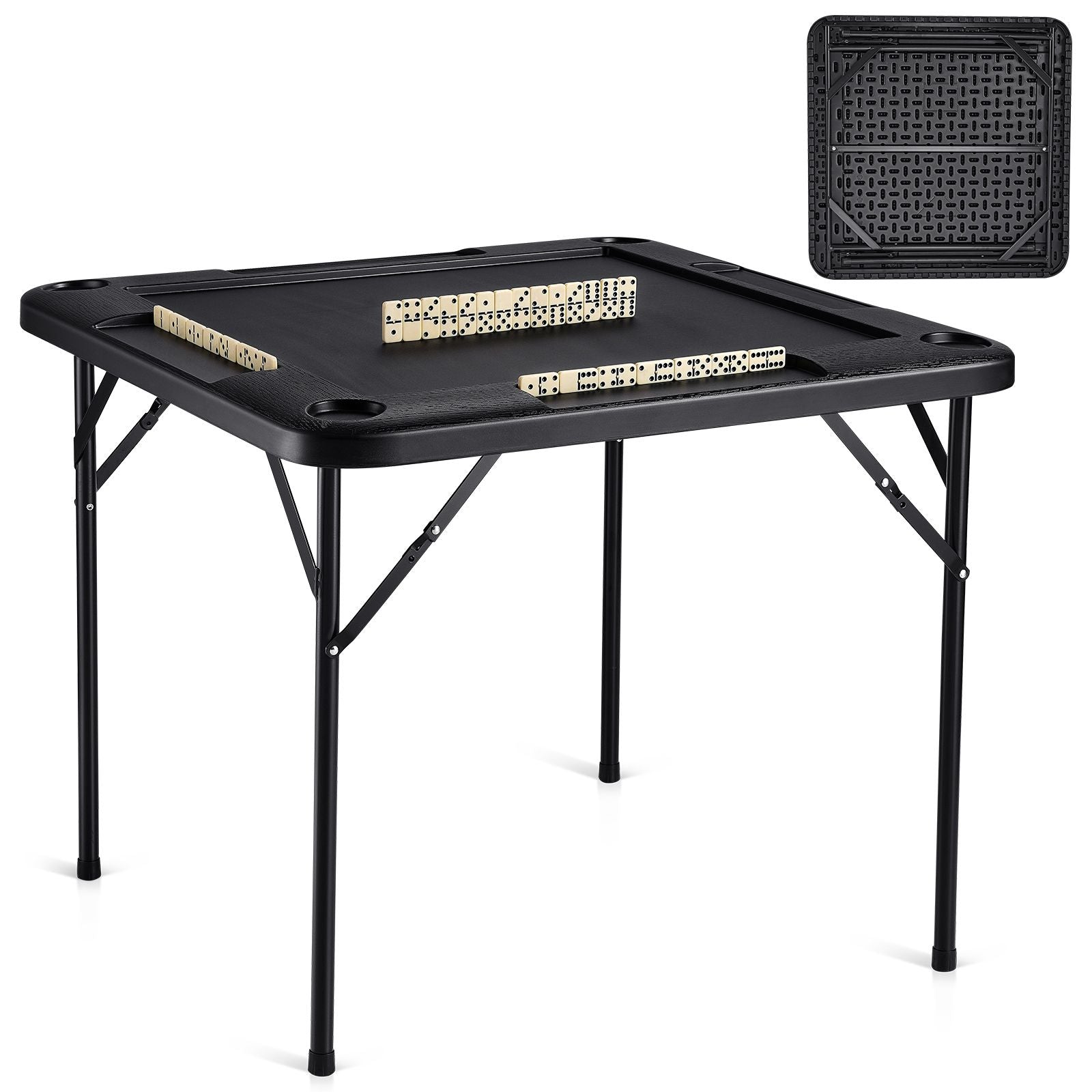Mahjong Table, Square 4 Player Folding Card Table with 4 Cup Holders & 4 Chip Trays, Portable Domino Game Table with 1 Set of Dominoes for Mahjong Poke Puzzles, 90 x 90-inch, Black