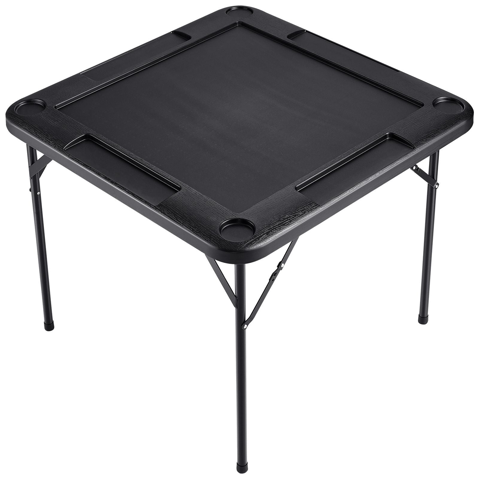 Mahjong Table, Square 4 Player Folding Card Table with 4 Cup Holders & 4 Chip Trays, Portable Domino Game Table with 1 Set of Dominoes for Mahjong Poke Puzzles, 90 x 90-inch, Black
