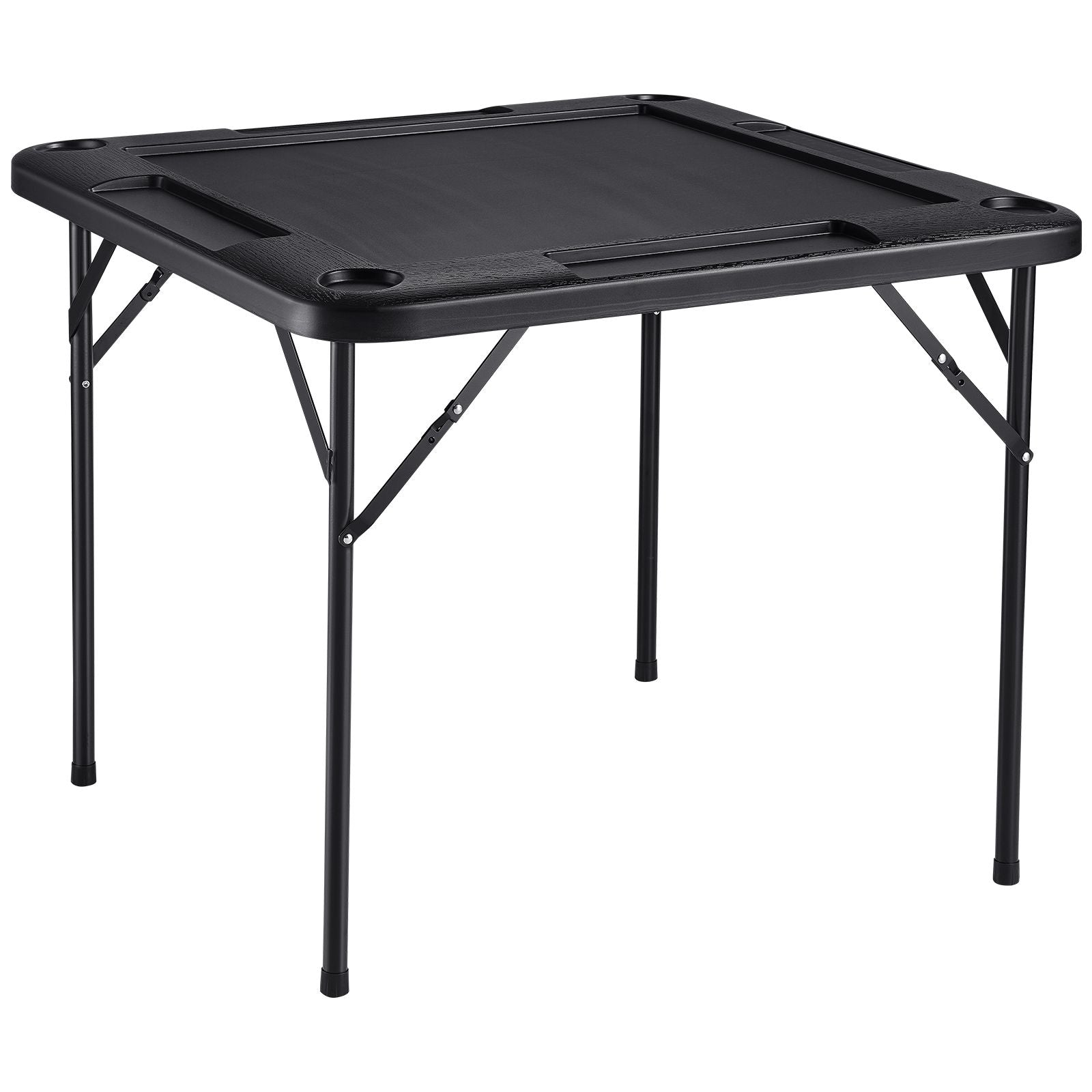 Mahjong Table, Square 4 Player Folding Card Table with 4 Cup Holders & 4 Chip Trays, Portable Domino Game Table with 1 Set of Dominoes for Mahjong Poke Puzzles, 90 x 90-inch, Black
