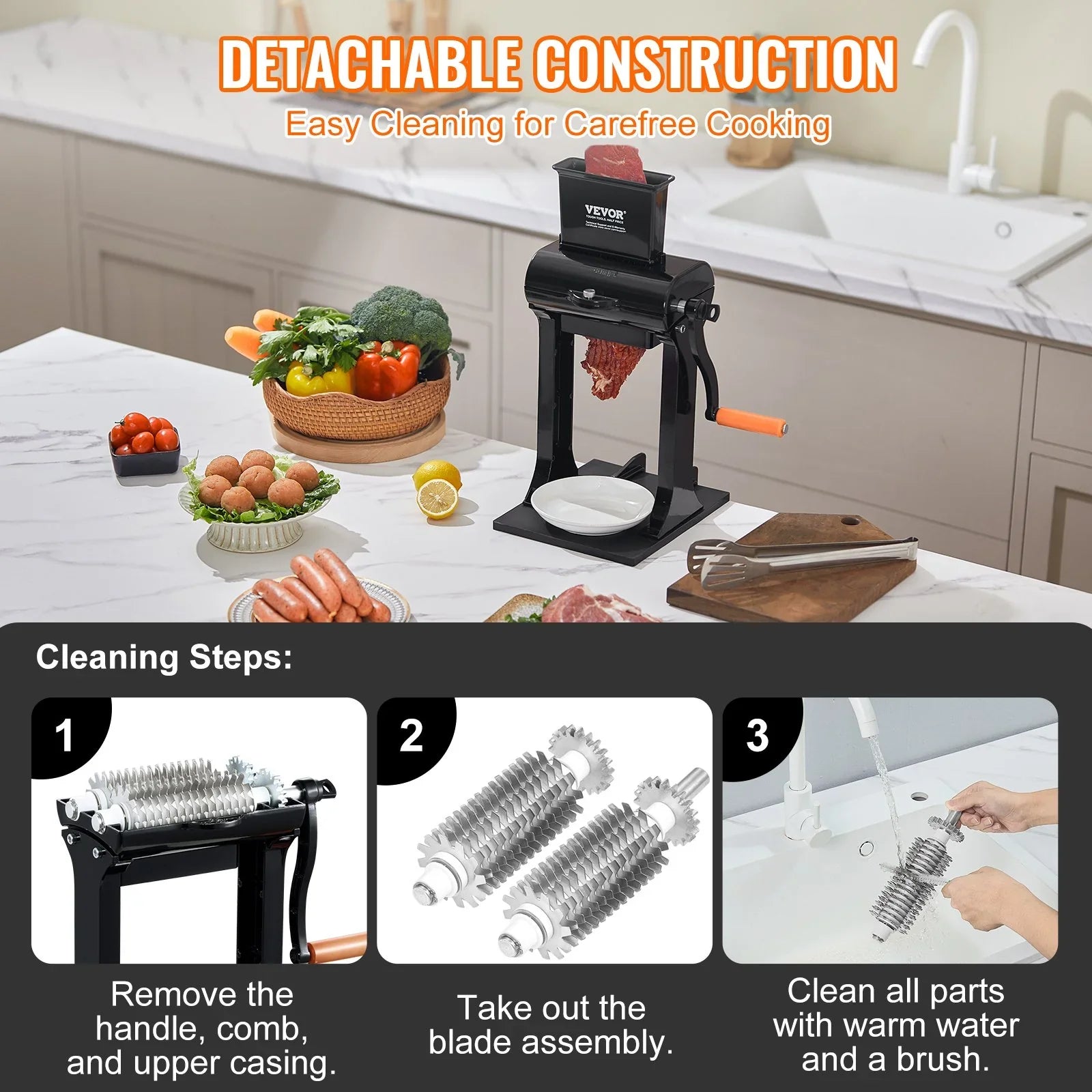 Commercial Meat Tenderizer, Heavy Duty Stainless Steel Meat Tenderizer Machine, Quick and Easy Manual Operation Kitchen Tool, 148mm Feed Port for Beef, Turkey, Chicken, Pork, Steak, and Fish