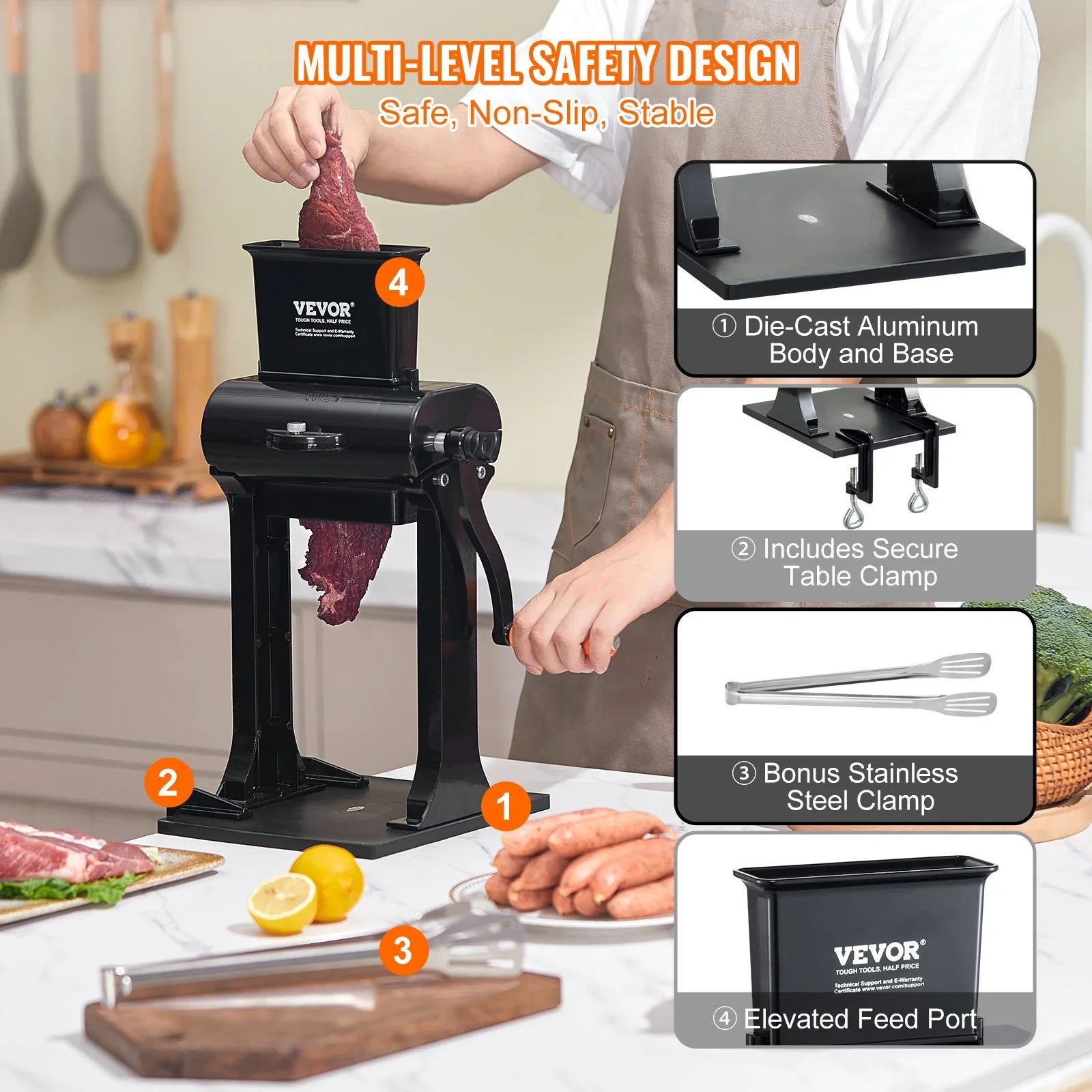 Commercial Meat Tenderizer, Heavy Duty Stainless Steel Meat Tenderizer Machine, Quick and Easy Manual Operation Kitchen Tool, 148mm Feed Port for Beef, Turkey, Chicken, Pork, Steak, and Fish