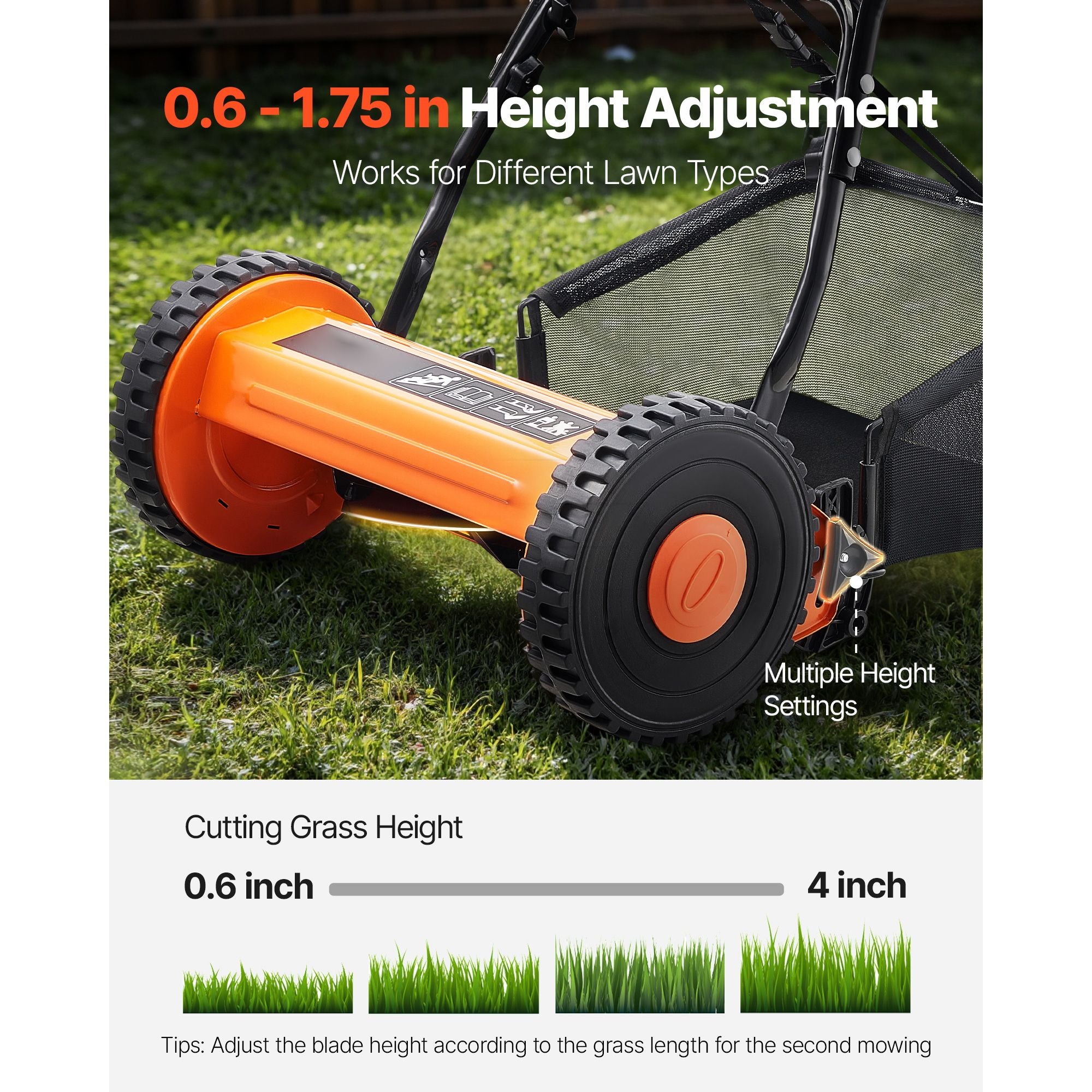 Push Reel Lawn Mower 35 cm, 5 Blades Manual Push Mower No Motor, 15-45 mm Adjustable Cutting Height, Walk-Behind Lawn Mowers with Grass Catcher Bag for Green Lawns, Driveways, Courtyards
