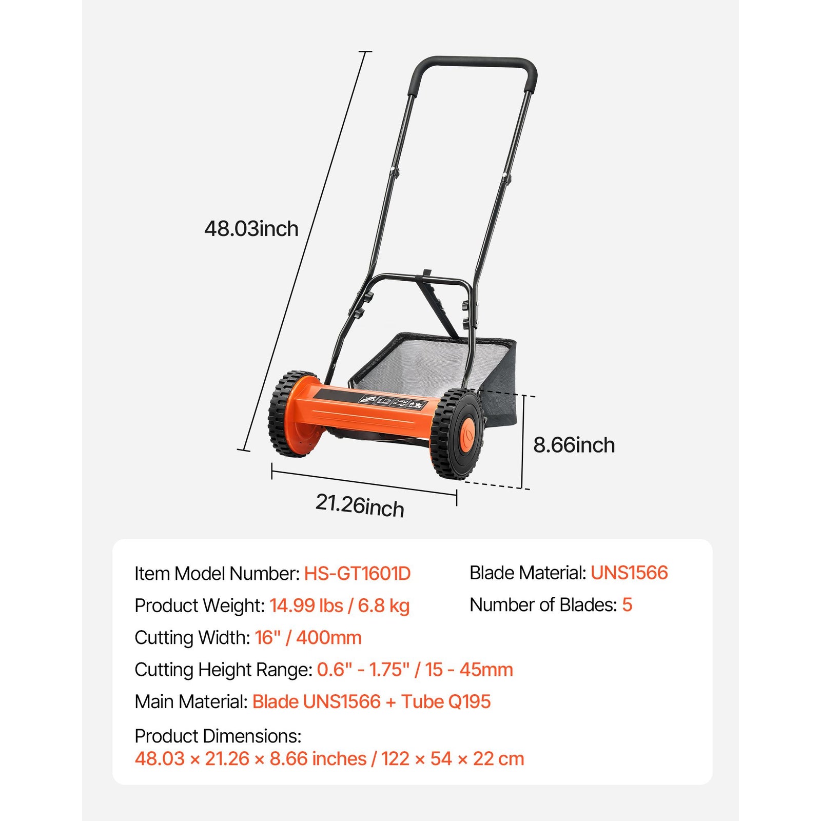 40cm Push Reel Lawn Mower 5-Blade Adjustable Height Grass Catcher 2-Wheel