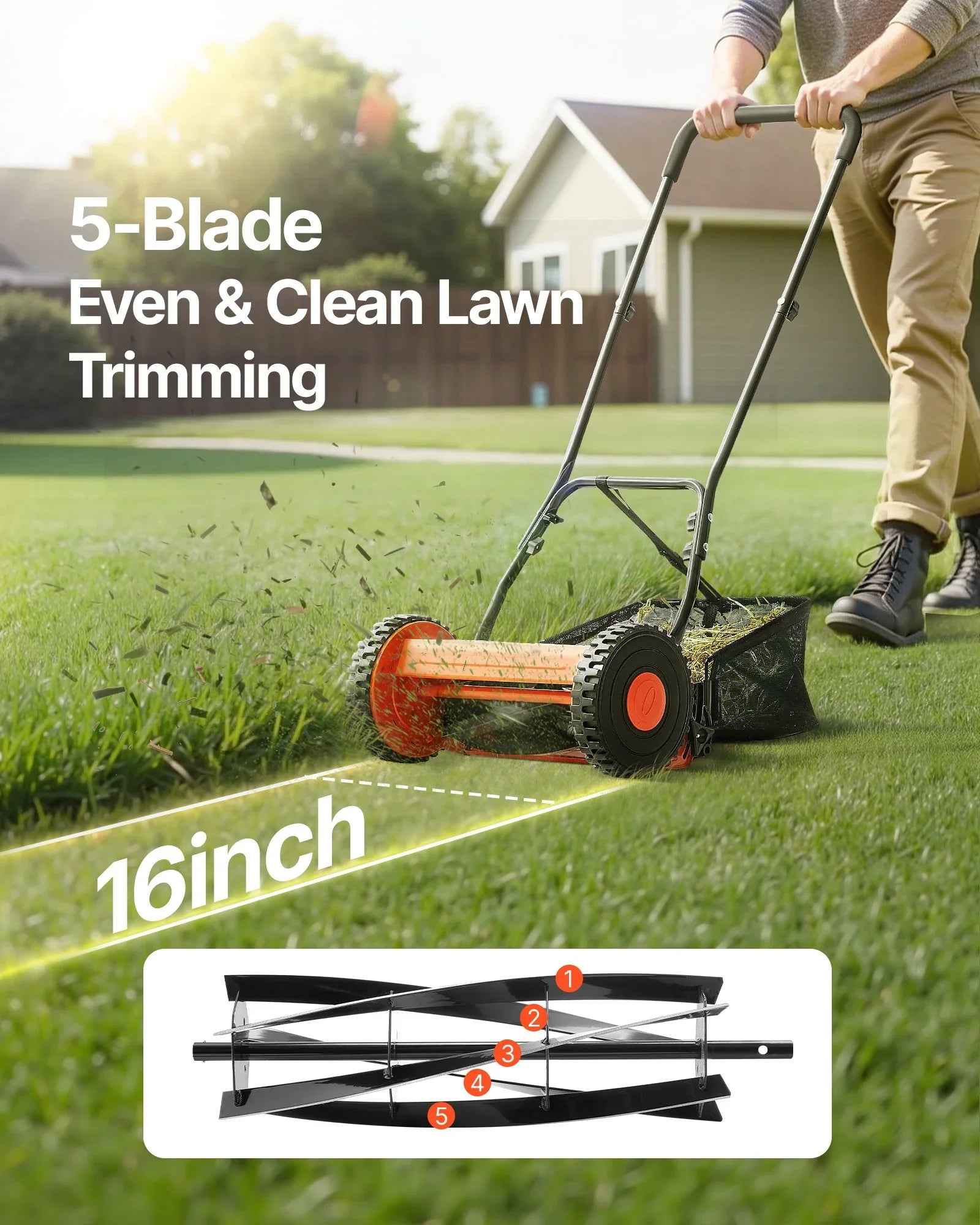 40cm Push Reel Lawn Mower 5-Blade Adjustable Height Grass Catcher 2-Wheel