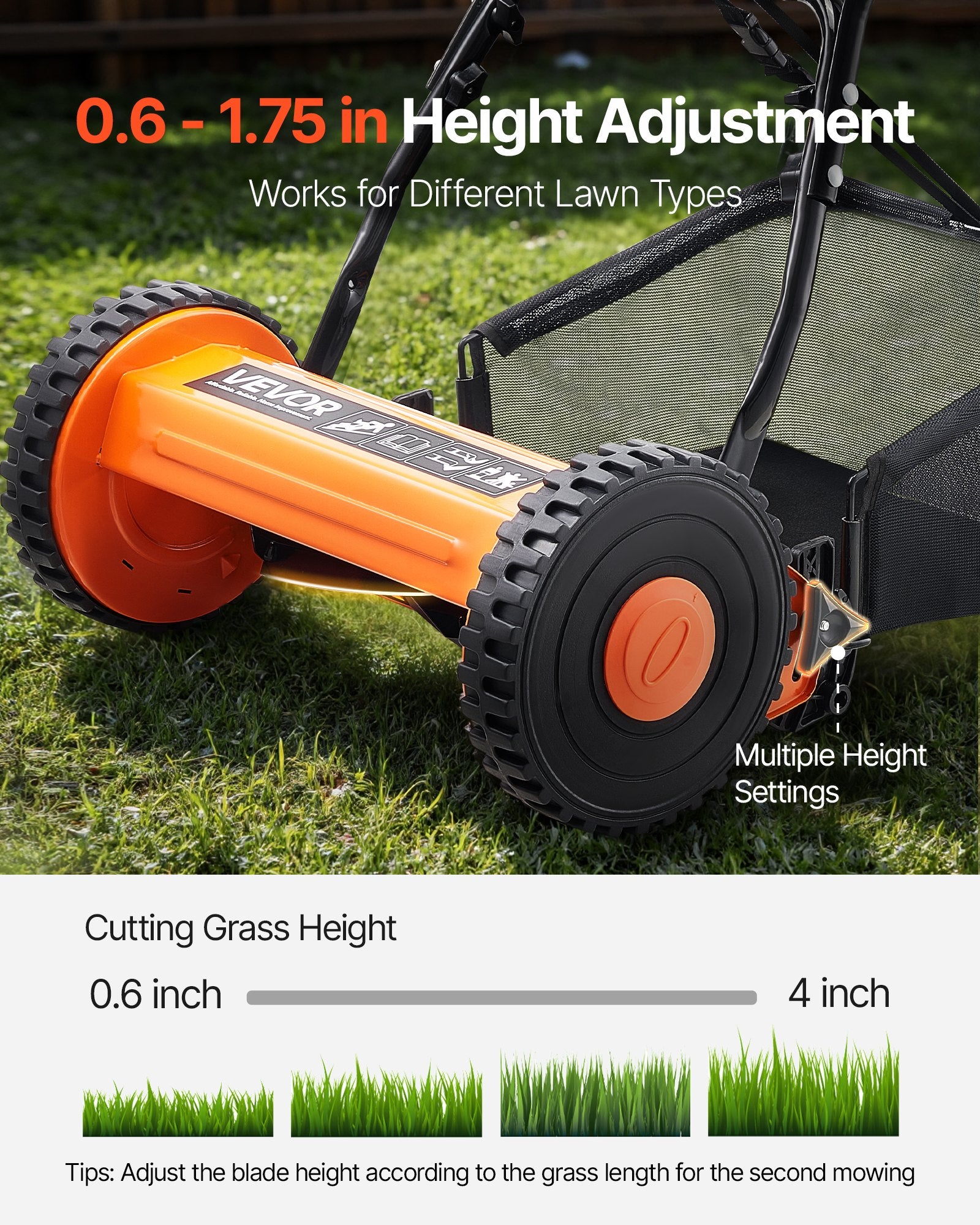VEVOR 40cm Push Reel Lawn Mower 5-Blade Adjustable Height Grass Catcher 2-Wheel