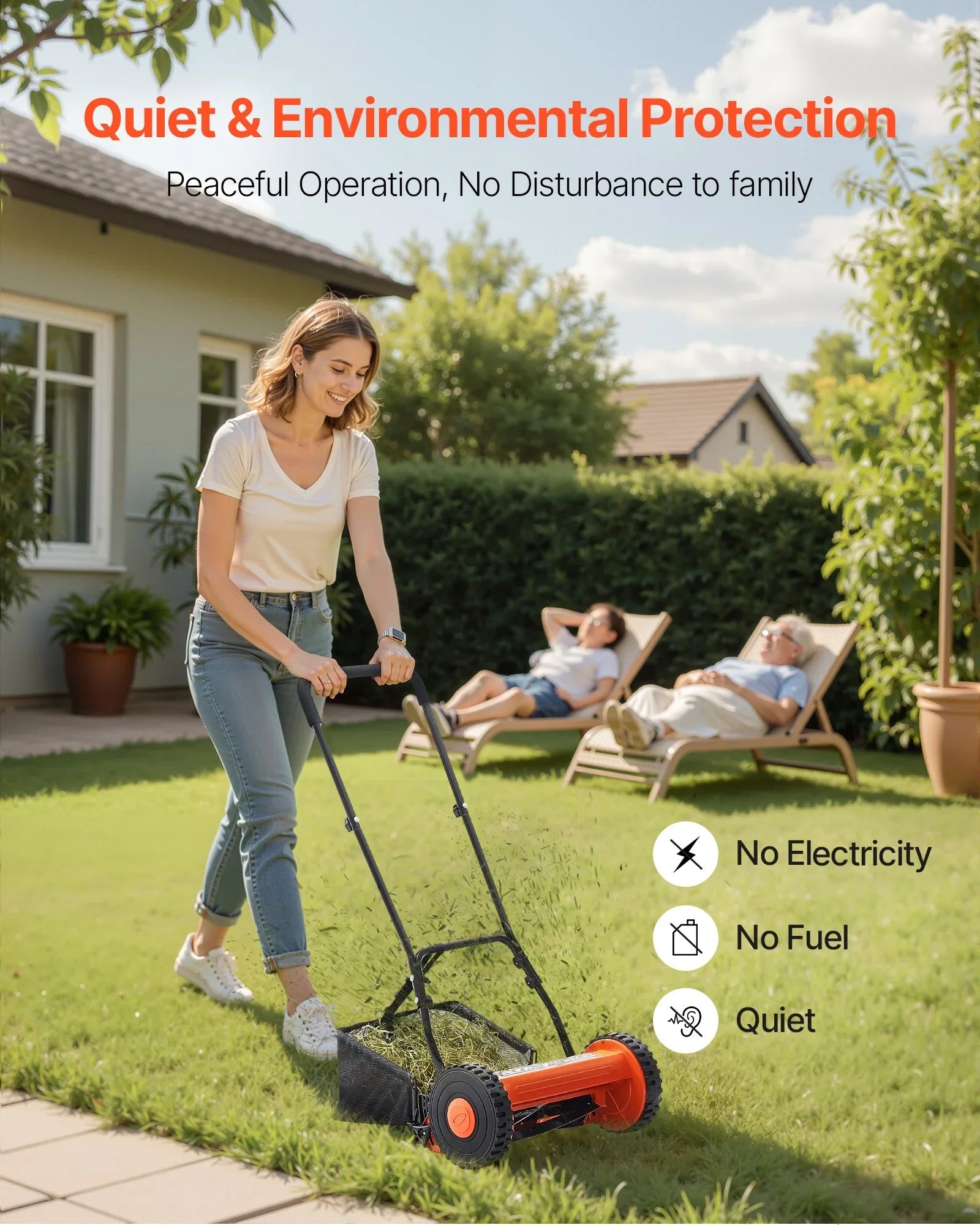 40cm Push Reel Lawn Mower 5-Blade Adjustable Height Grass Catcher 2-Wheel