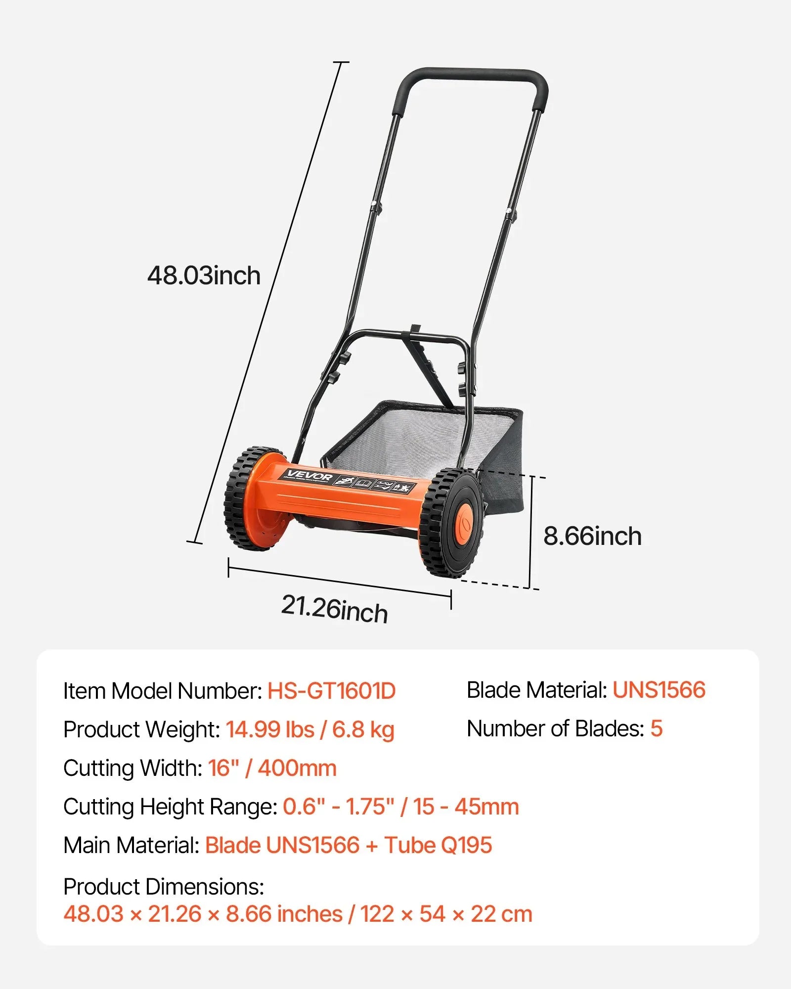 40cm Push Reel Lawn Mower 5-Blade Adjustable Height Grass Catcher 2-Wheel