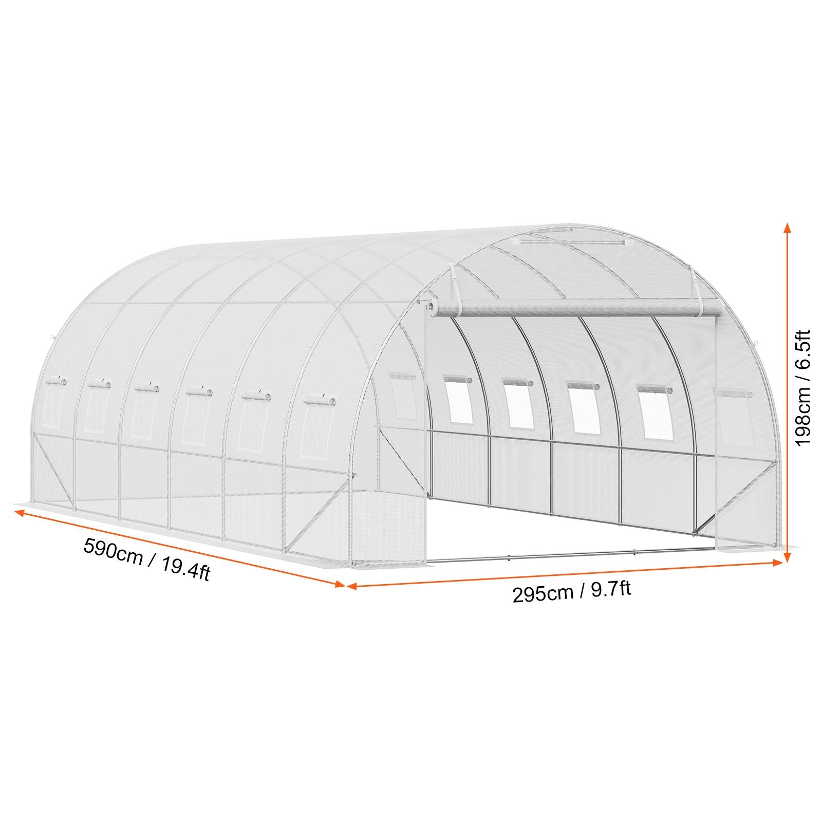 Walk-in Tunnel Greenhouse, 19.4x9.7x6.5 ft Hoop House Greenhouse Tunnel, Plant Hot House with Galvanized Steel Frame, White PE Cover, Roll-up Zipper Door and 12 Windows for Outdoor