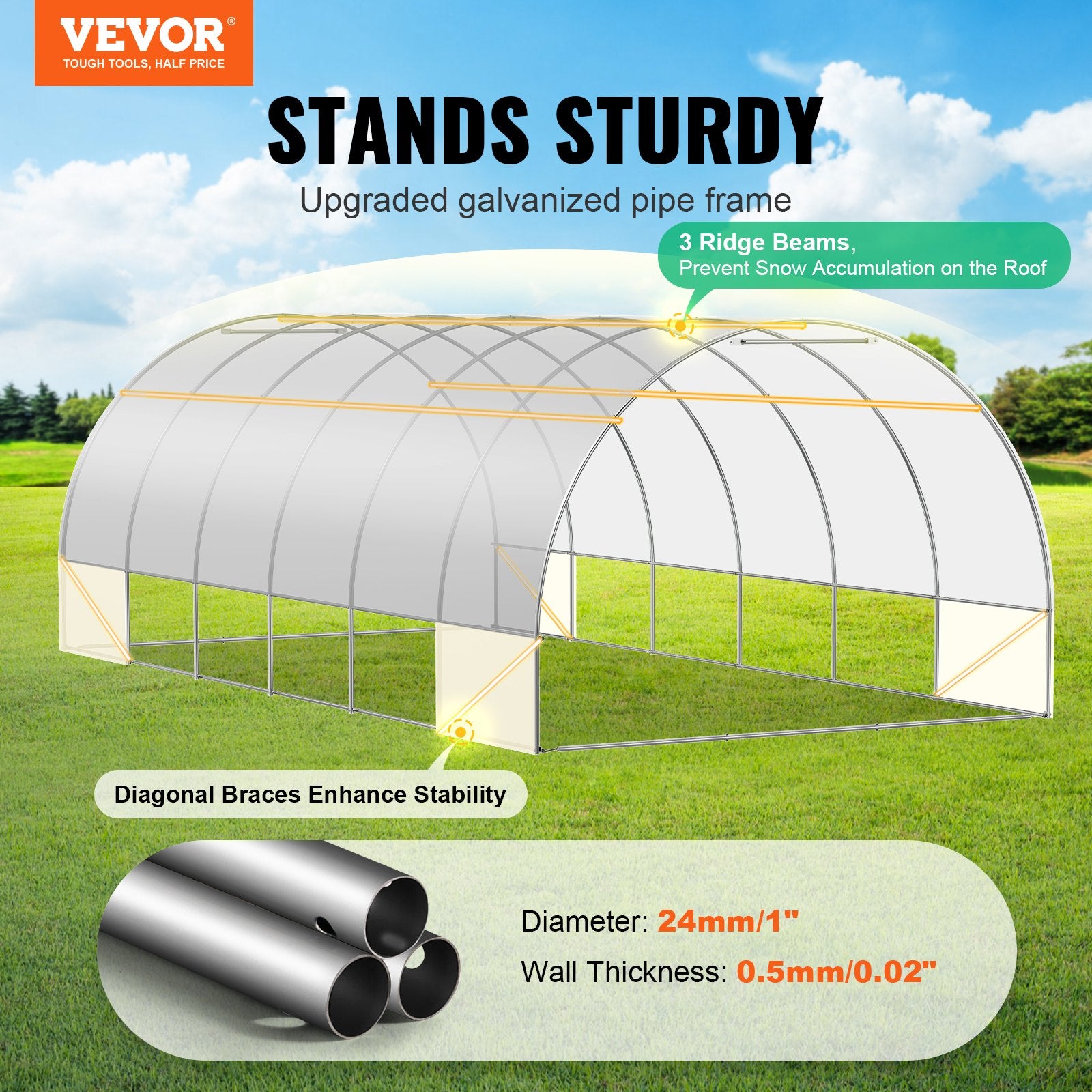 Walk-in Tunnel Greenhouse, 19.4x9.7x6.5 ft Hoop House Greenhouse Tunnel, Plant Hot House with Galvanized Steel Frame, White PE Cover, Roll-up Zipper Door and 12 Windows for Outdoor