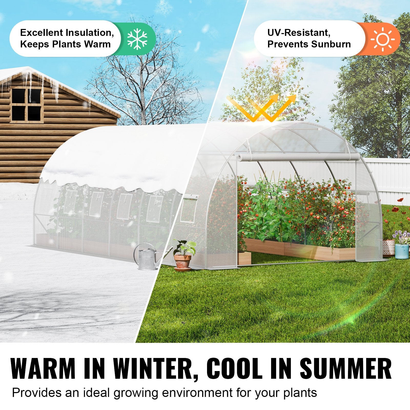 Walk-in Tunnel Greenhouse, 19.4x9.7x6.5 ft Hoop House Greenhouse Tunnel, Plant Hot House with Galvanized Steel Frame, White PE Cover, Roll-up Zipper Door and 12 Windows for Outdoor