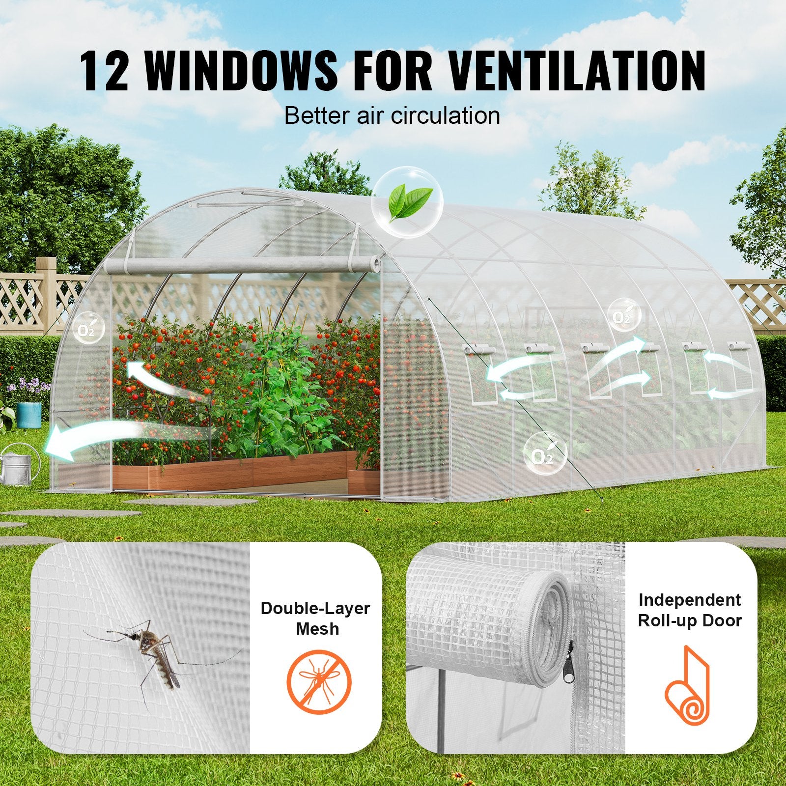 Walk-in Tunnel Greenhouse, 19.4x9.7x6.5 ft Hoop House Greenhouse Tunnel, Plant Hot House with Galvanized Steel Frame, White PE Cover, Roll-up Zipper Door and 12 Windows for Outdoor