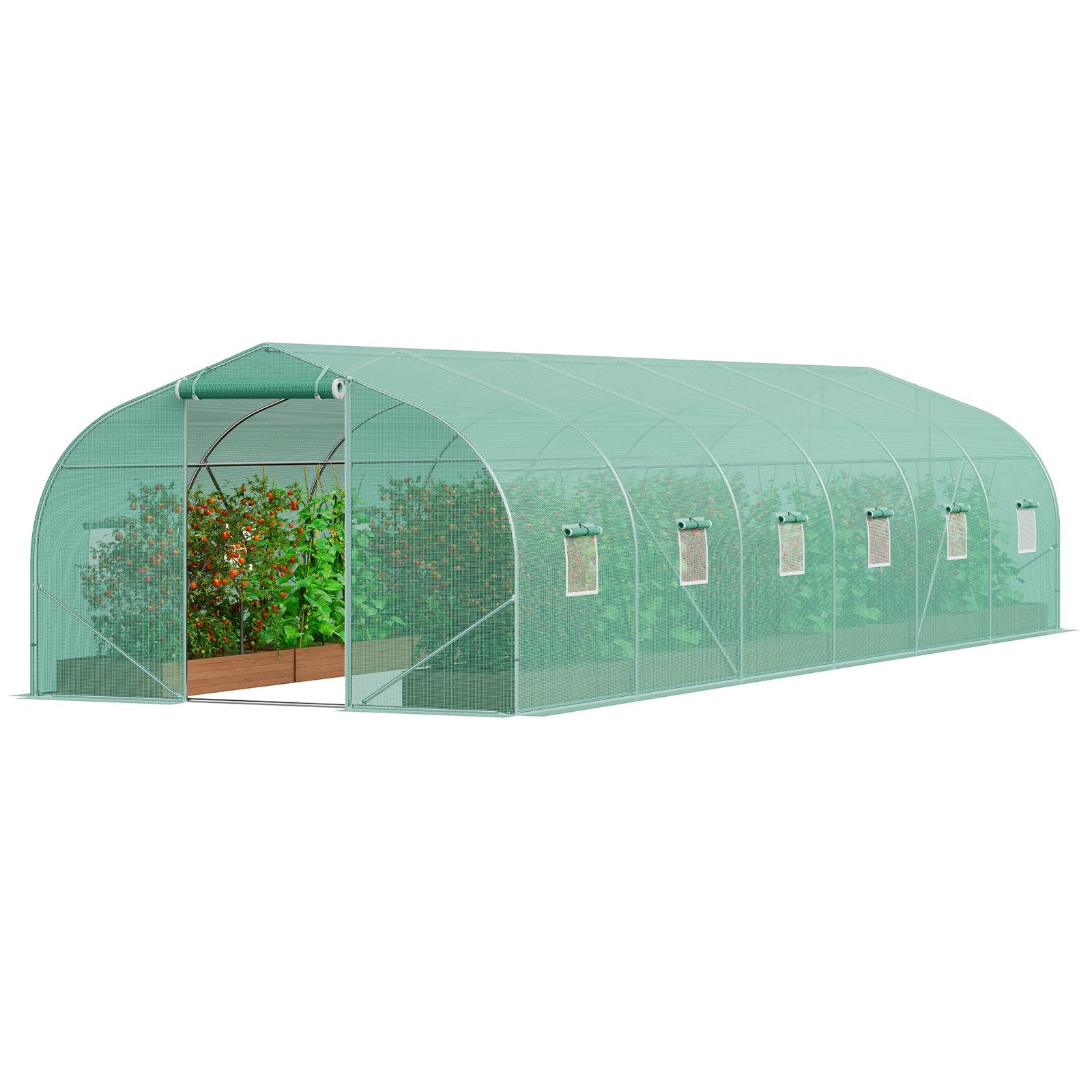 Walk-in Tunnel Greenhouse, 29.5x9.8x6.6 ft Hoop House Greenhouse Tunnel, Peaked Roof Plant Hot House with Galvanized Steel Frame, Green PE Cover, Roll-up Zipper Door and 12 Windows for Outdoor