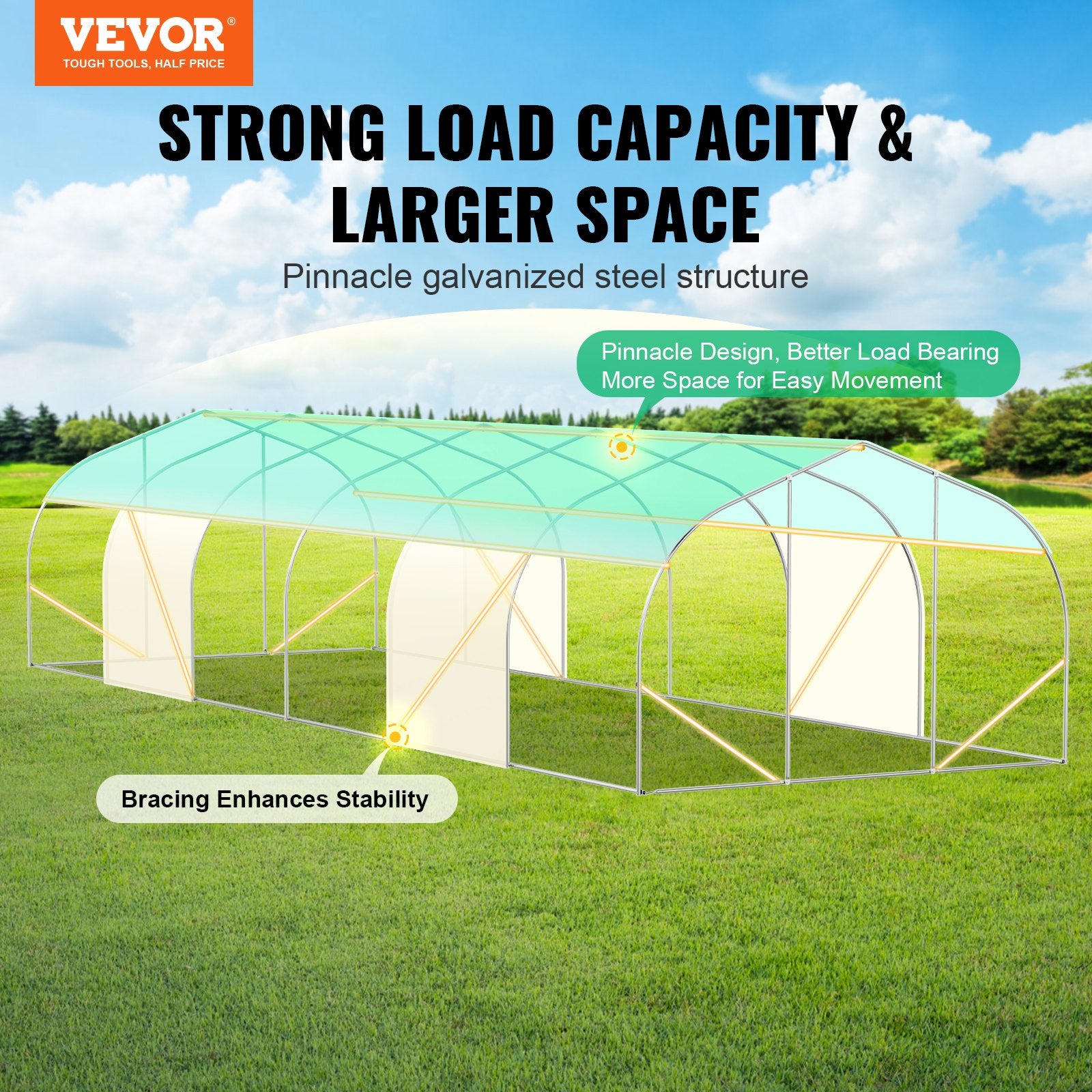 Walk-in Tunnel Greenhouse, 29.5x9.8x6.6 ft Hoop House Greenhouse Tunnel, Peaked Roof Plant Hot House with Galvanized Steel Frame, Green PE Cover, Roll-up Zipper Door and 12 Windows for Outdoor