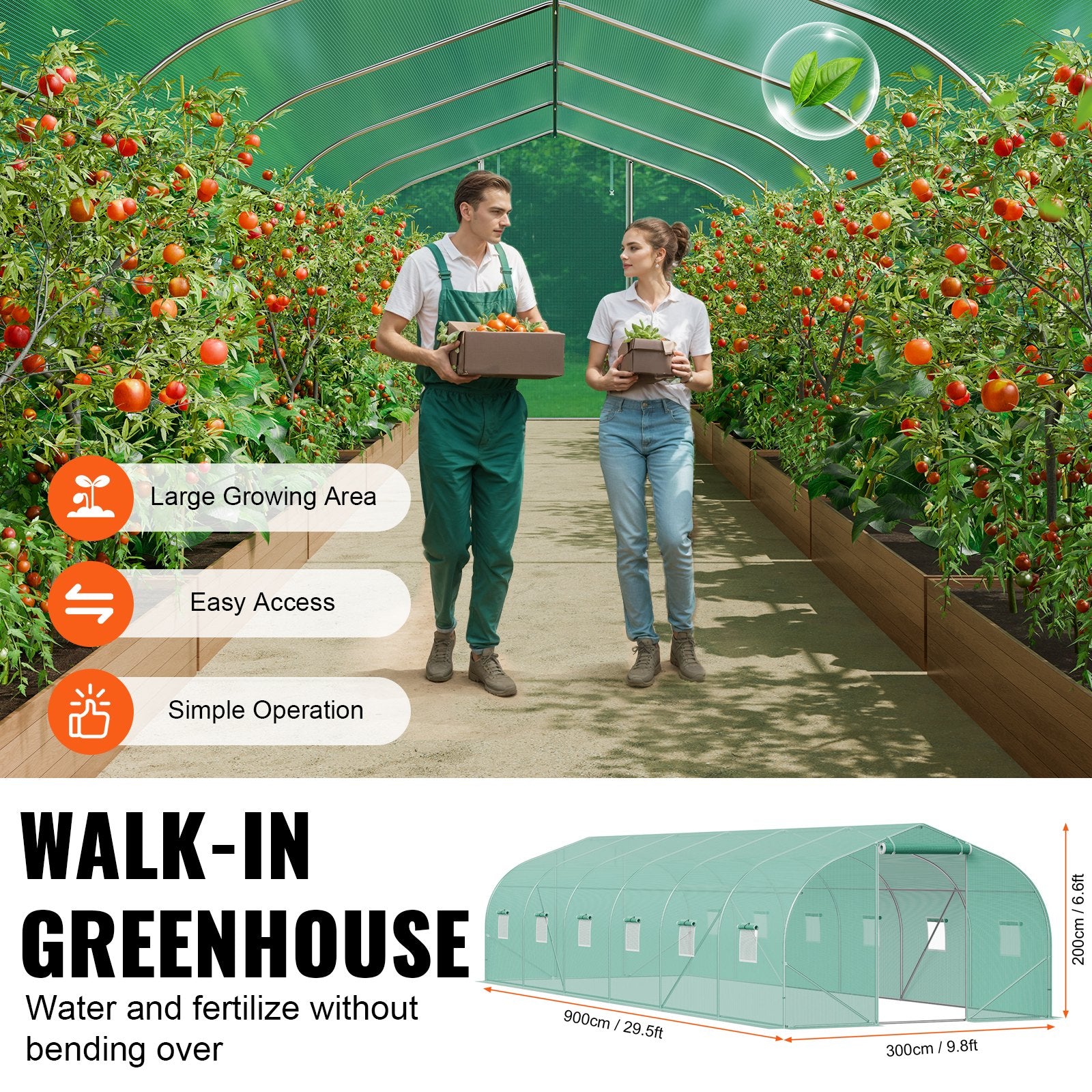 Walk-in Tunnel Greenhouse, 29.5x9.8x6.6 ft Hoop House Greenhouse Tunnel, Peaked Roof Plant Hot House with Galvanized Steel Frame, Green PE Cover, Roll-up Zipper Door and 12 Windows for Outdoor