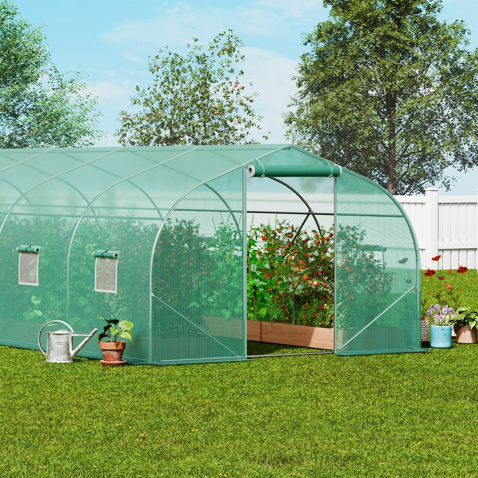 Walk-in Tunnel Greenhouse, 29.5x9.8x6.6 ft Hoop House Greenhouse Tunnel, Peaked Roof Plant Hot House with Galvanized Steel Frame, Green PE Cover, Roll-up Zipper Door and 12 Windows for Outdoor